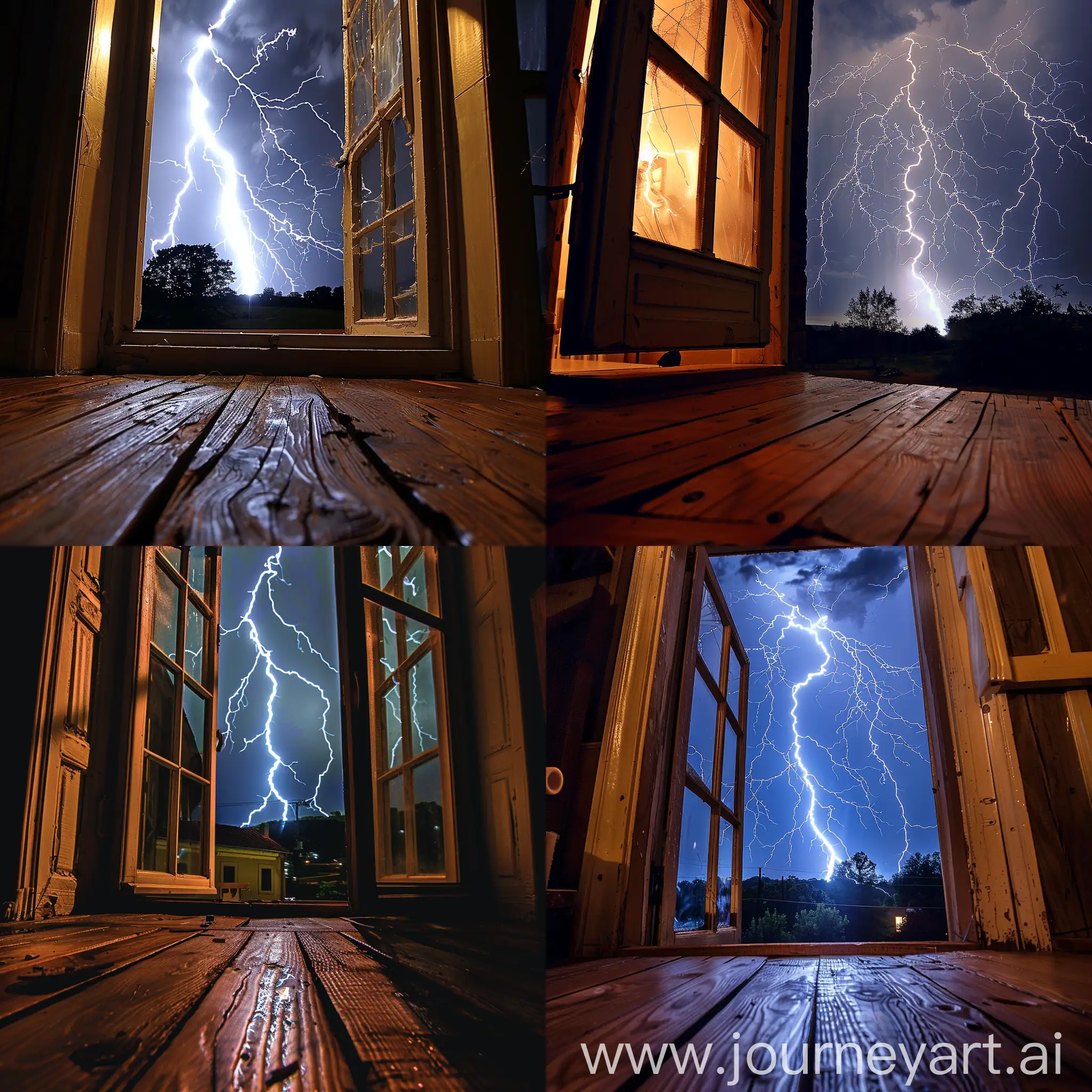 pov from inside an old wooden floor kitchen room looking out a Window during night and seeing a huge lightning impact