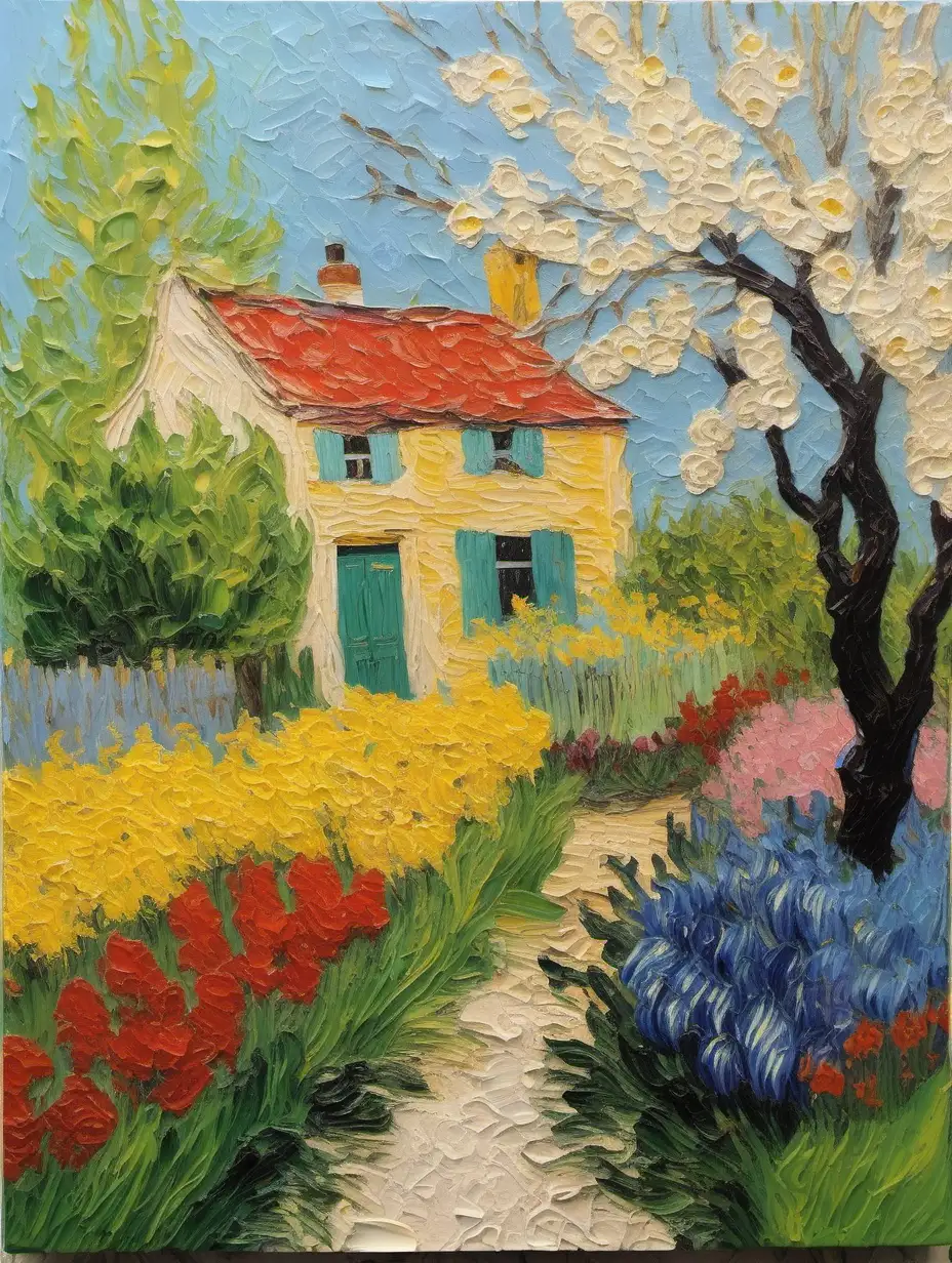 palette knife painting, Van Gogh, vintage European garden in spring, hyperfine details, depth of field, cottage core