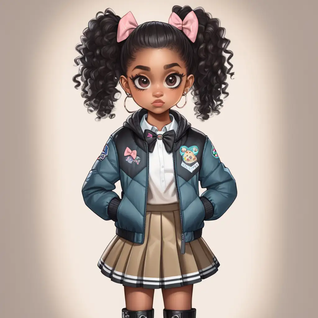 Adorable Black Girl Fashionista with Big Eyes and Curly Hair in Trendy Outfit