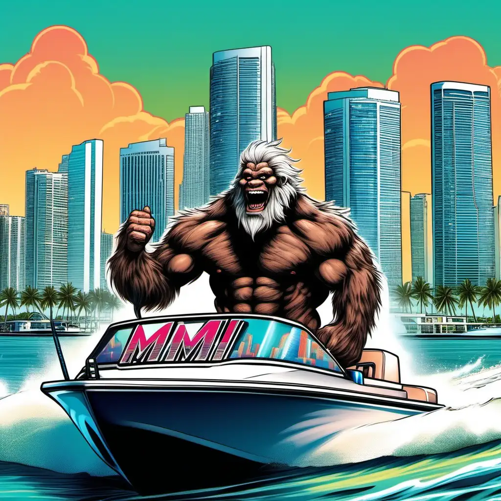 Muscular Yeti smiling while driving a 50-foot cigarette boat with Miami skyline in the background
