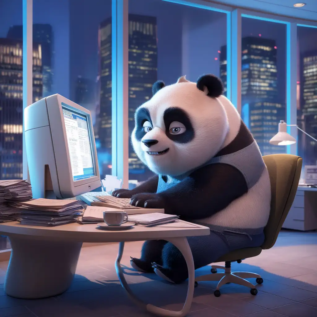 A cute giant panda working in front of the computer in the office at night, floor-to-ceiling windows, anthropomorphic image, hand-drawn style