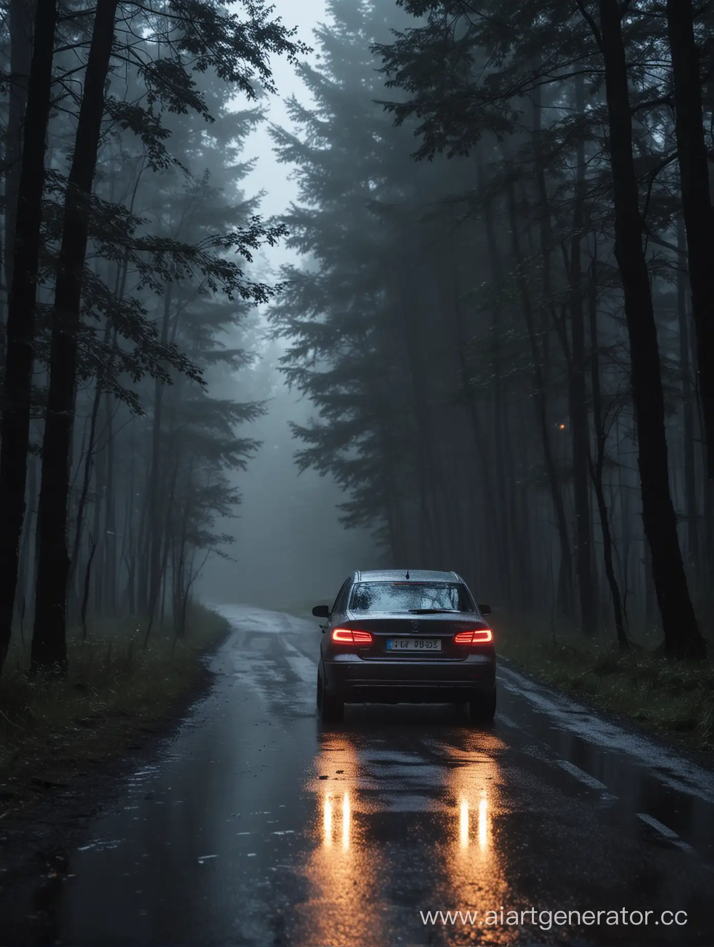 машина едет по дороге в тёмном лесу в дождливую погоду ночью