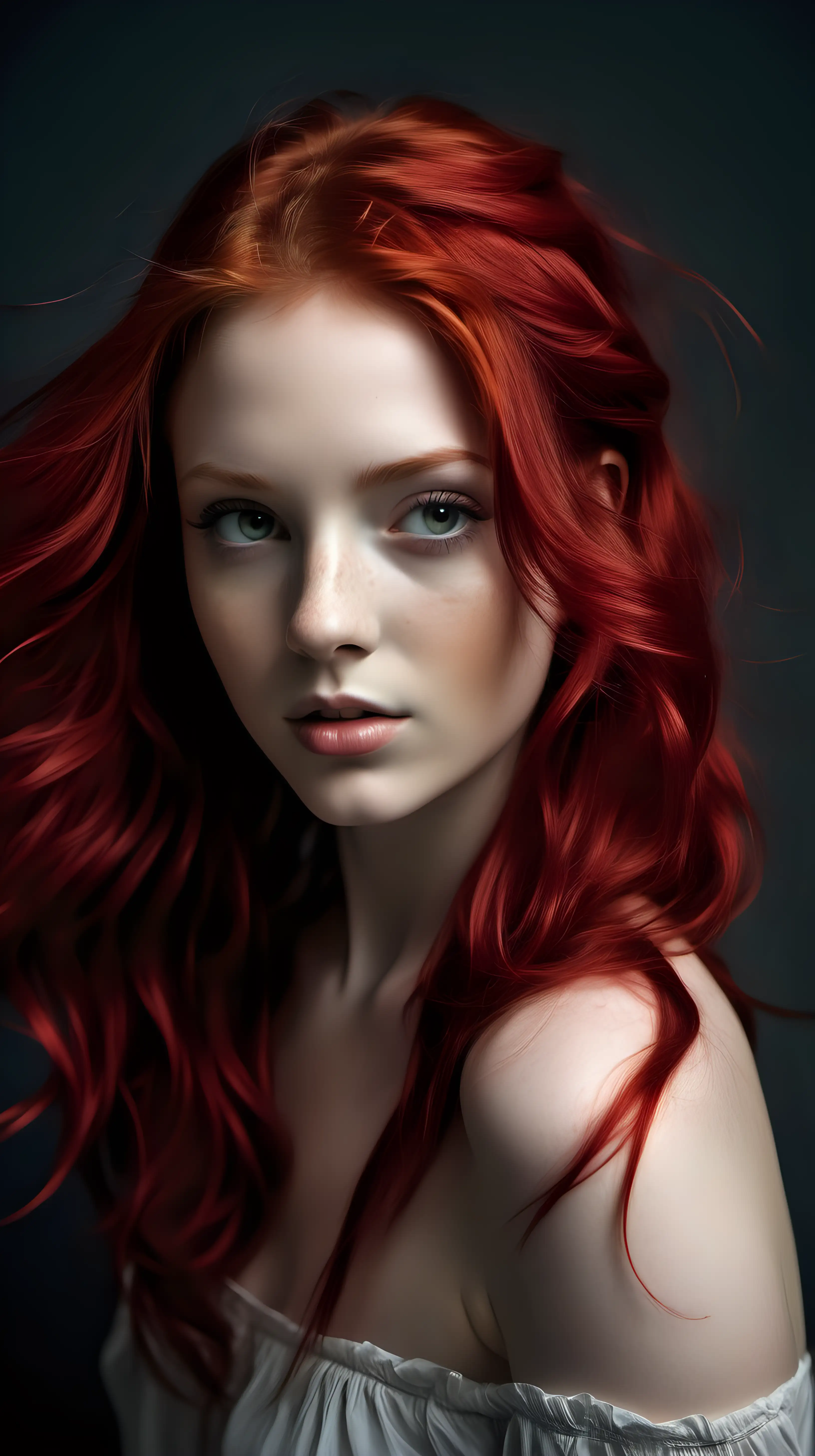 Beautiful Young Woman with Loose Red Hair Artistic Portrayal