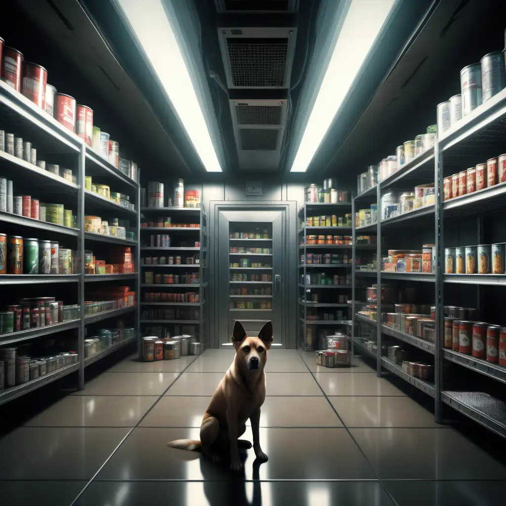photo-realistic digital art of a fully stocked modern underground doomsday compound, dog standing in the middle of room, meticulously organized shelves filled with canned food and supplies, high-tech security system, futuristic architecture, cinematic lighting, wide-angle shot, 4K resolution