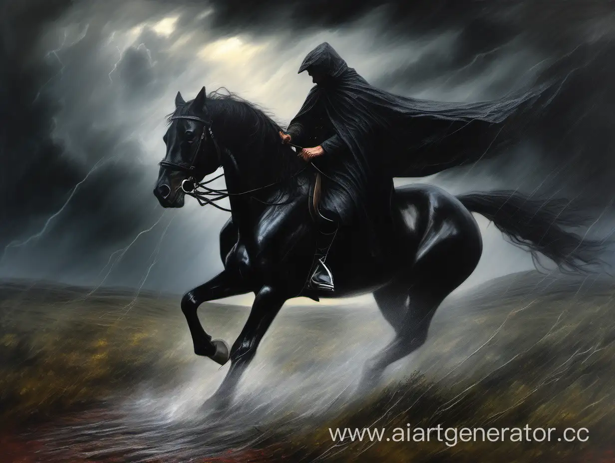 a headless rider on a black rearing horse, barren wet moors, stormy weather, heavy rain, lighting strikes, mysterious celtic atmosphere, realistic oil painting