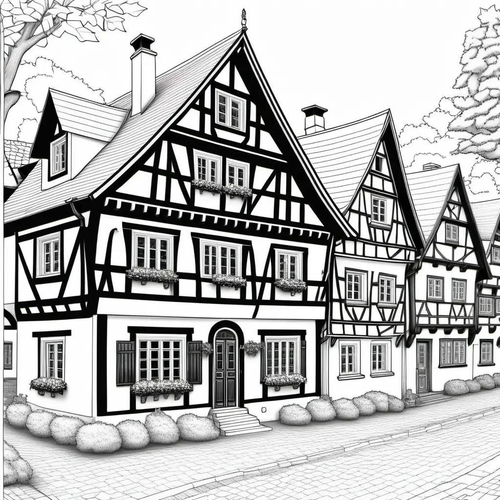 German traditional half-timbered houses coloring page for pages