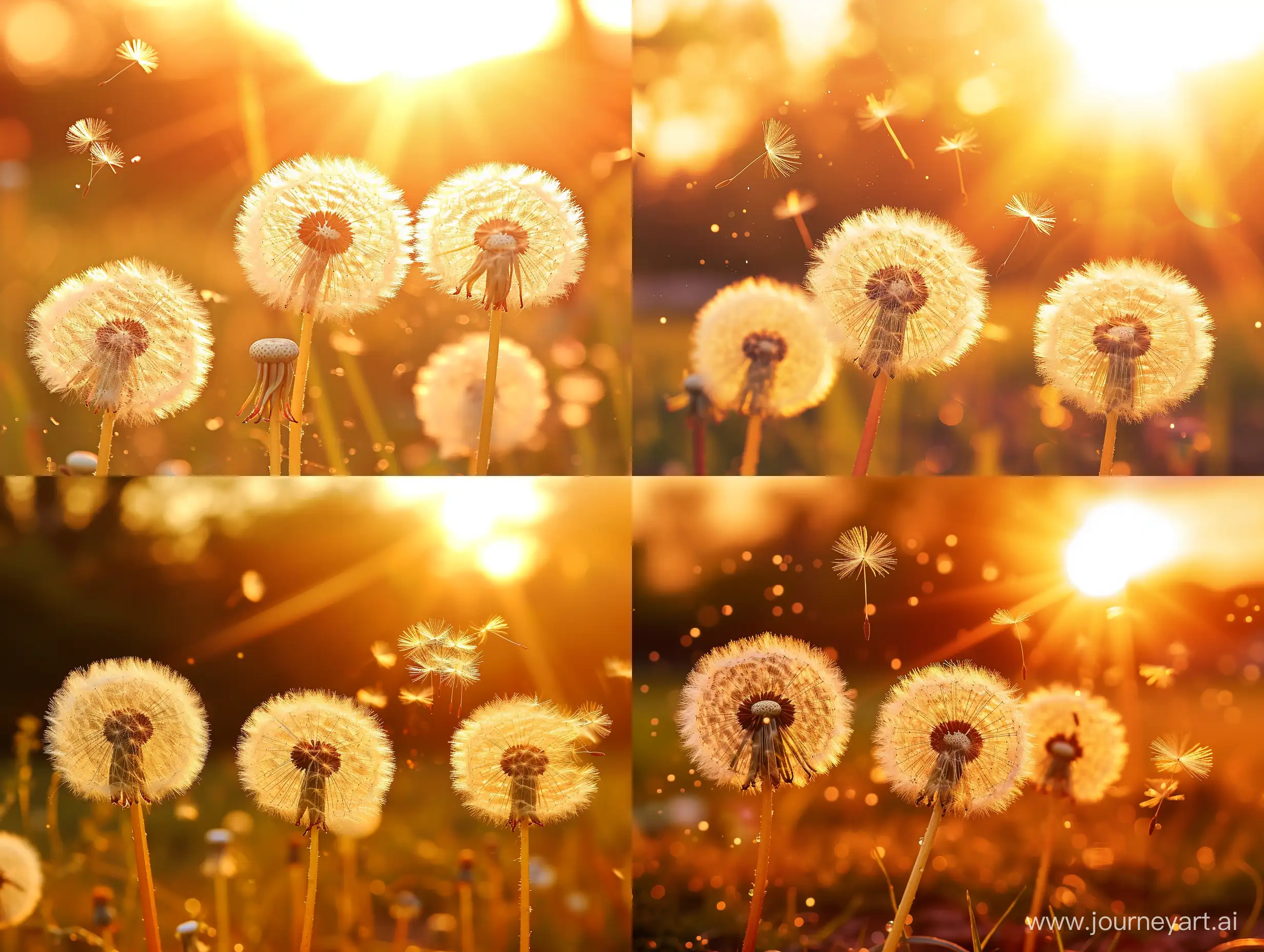 a few close up Dandelions in a field with golden hour sunlight and flying fluff