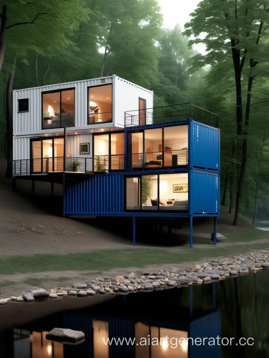 简洁干净的双层集装箱创意住宅坐落在树林中的小河流的边上