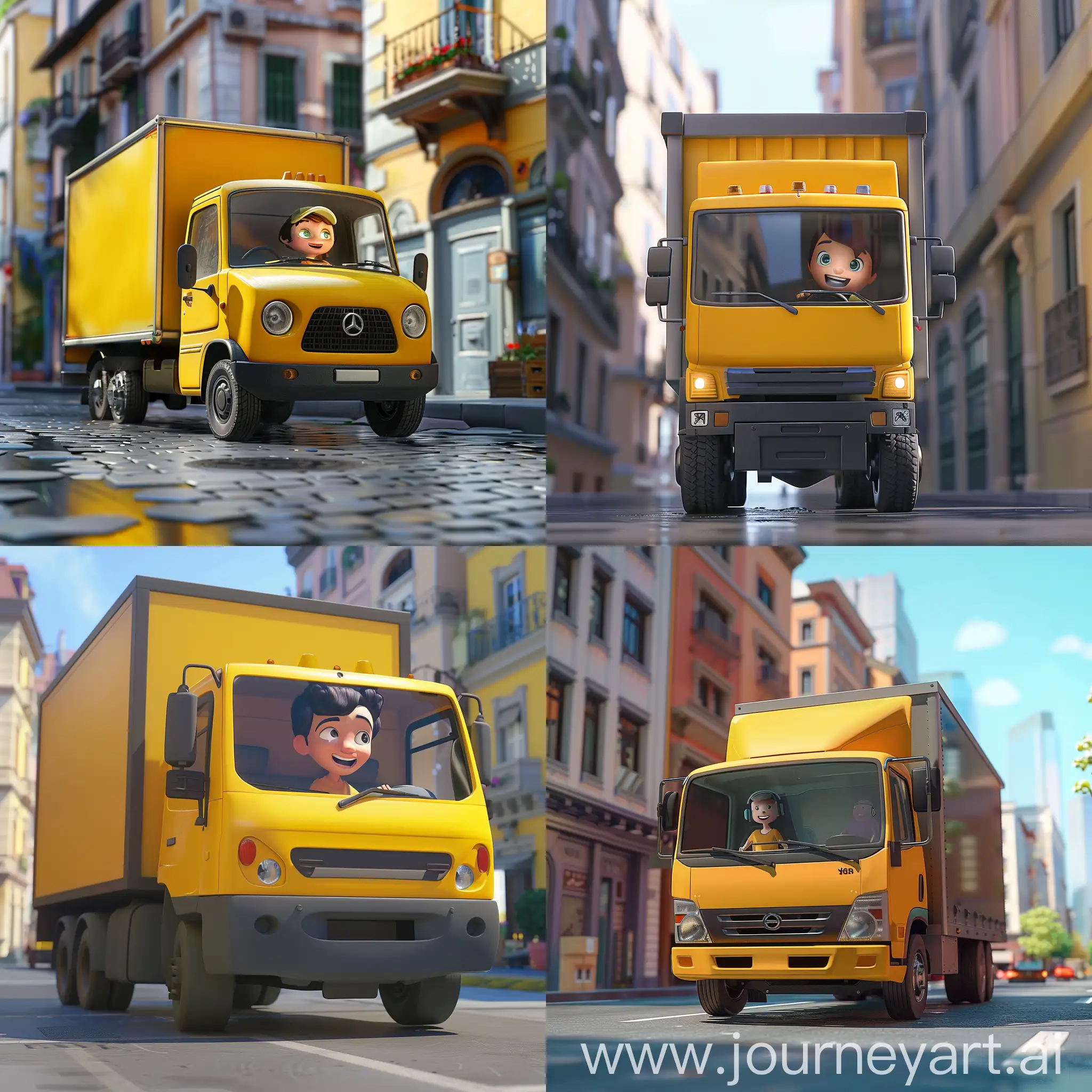 Create a 3D yellow truck in a deserted street that is speeding to the delivery destination and the animated young driver is inside the truck and she is smiling.