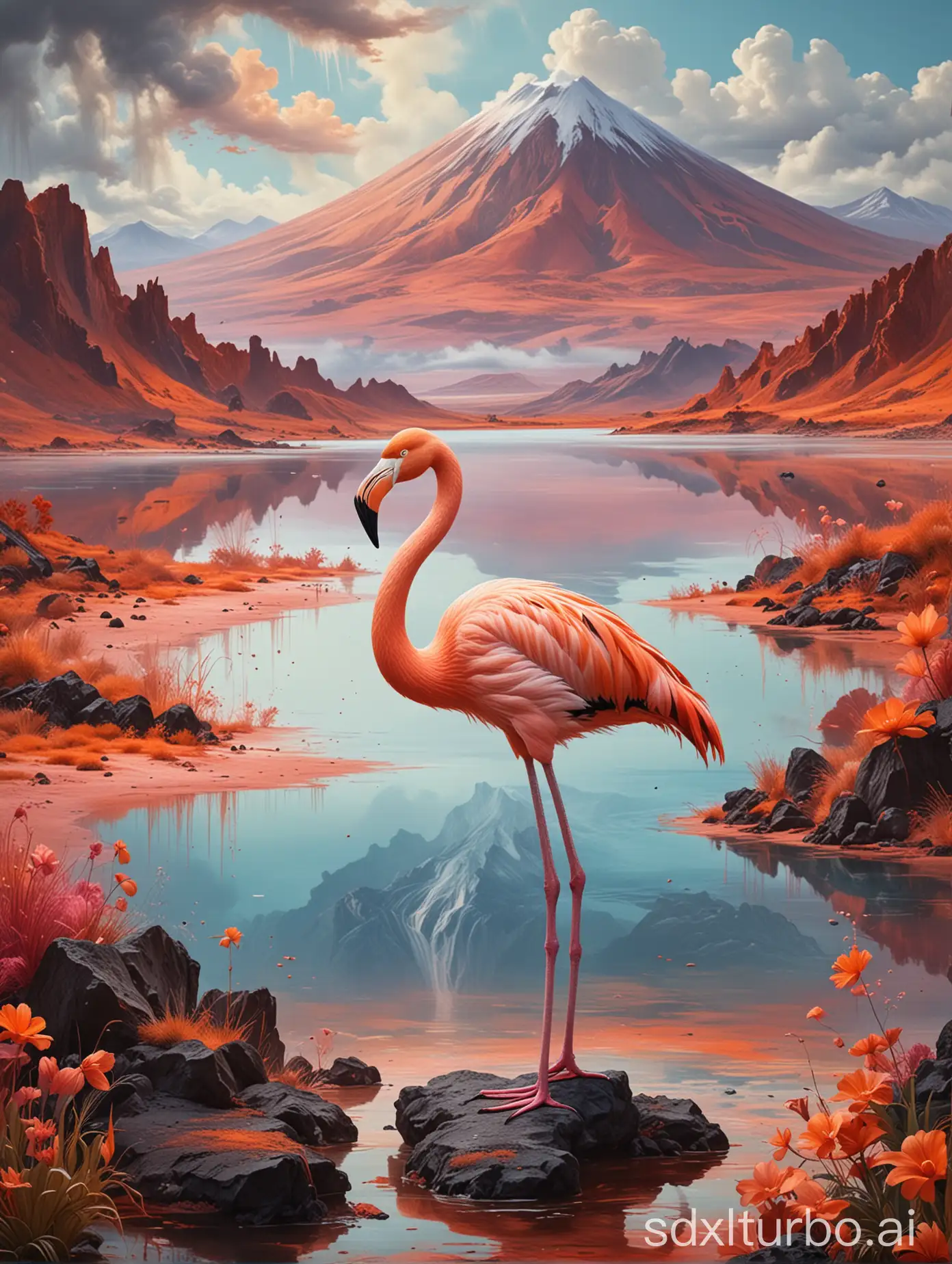 Design a wallpaper depicting a flamingo dancing by a volcanic lake, with a volcano erupting in the distance, and the juxtaposition of magma and lake water creating an interesting scene.