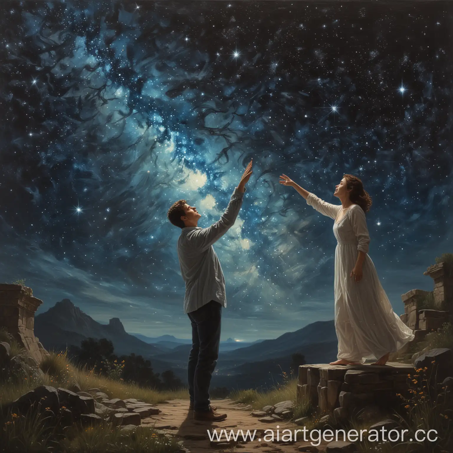 Ночь, звездное небо, взрослый парень стоит в левом углу картины и тянет руку взрослой девушке которая стоит в правом углу картины и тянет руку к парню стоят далеко друг от друга