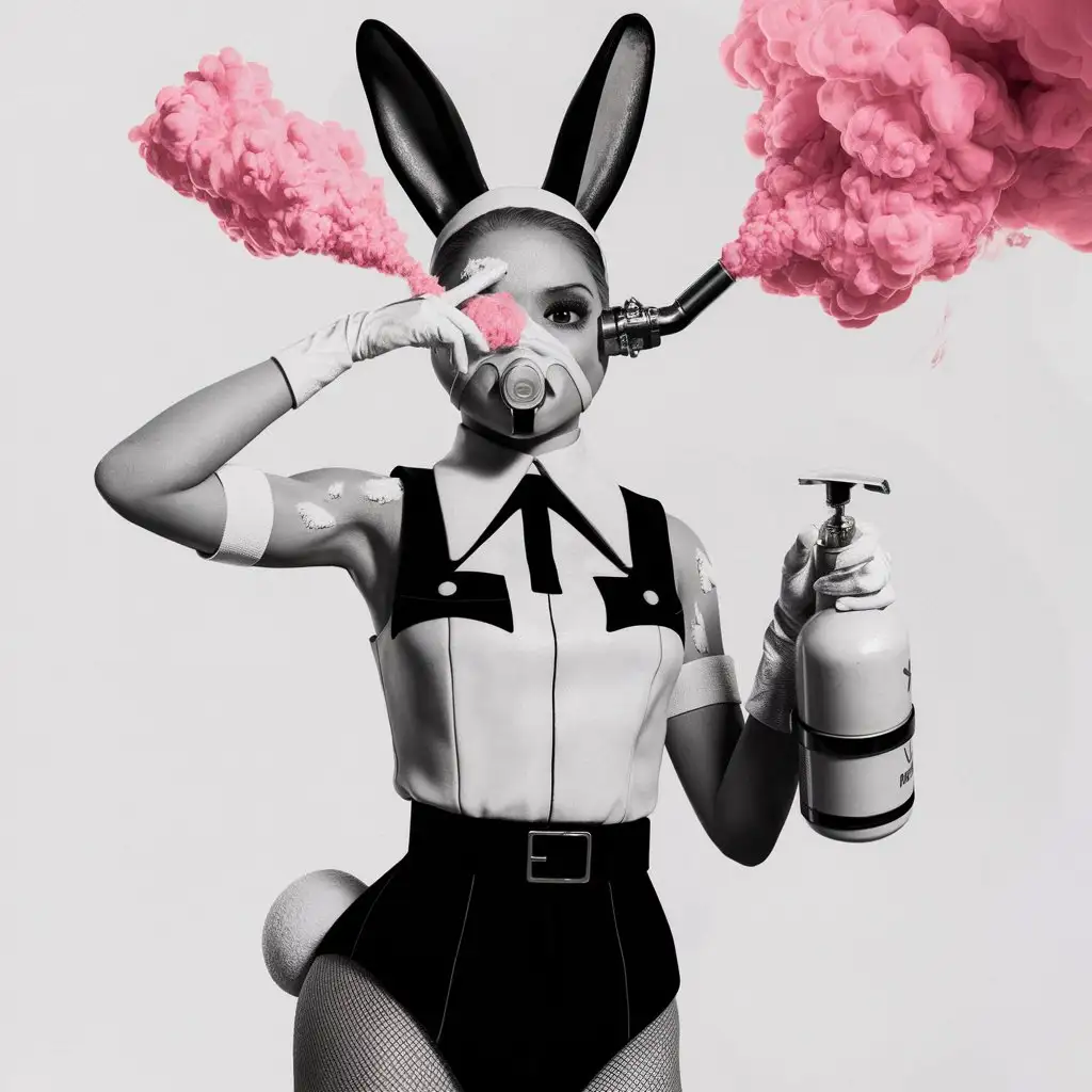 A Bunny girl wears lotion and holds a mask in her hand. Pink smoke comes out of her mouth. The air tank is connected from her mouth to her nose through a pipe. There is a cross symbol on her chest