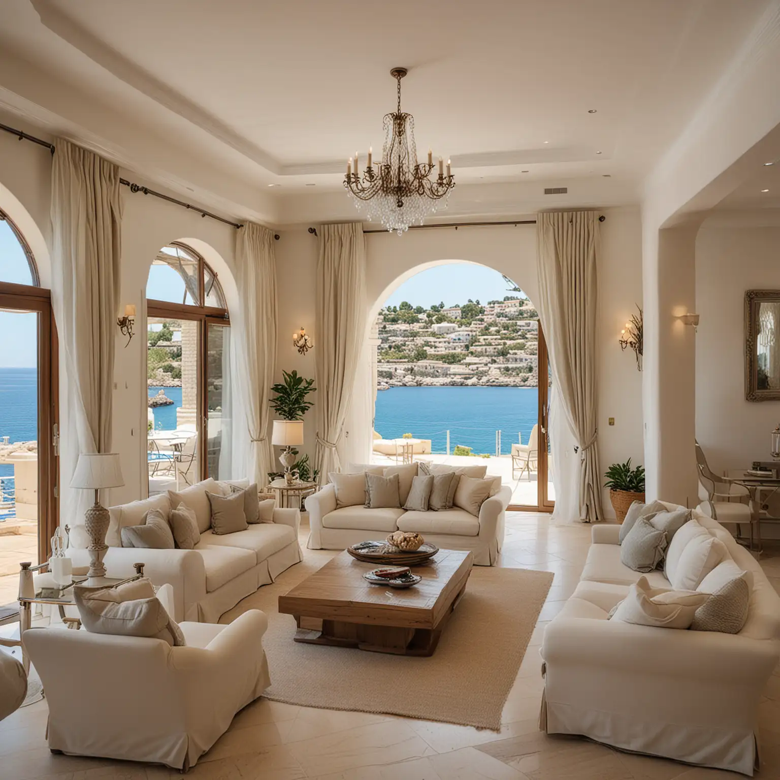 a luxury Villa in the Meditteranean Sea showing the luxury furnishings of a large living quarters.