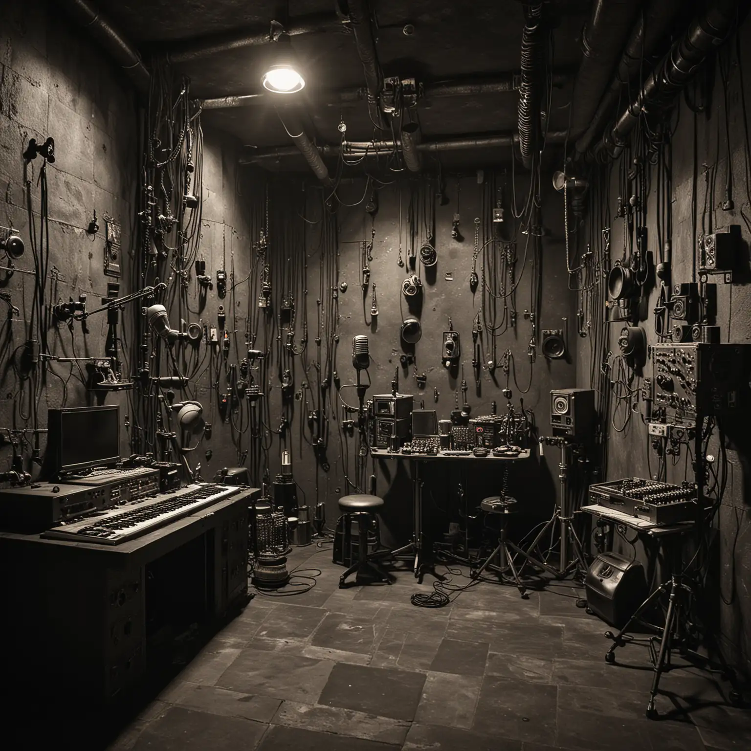 create a dungeon that is made up of recoding equipment that you would find in a studio. The image should have a dark overtone and silver old school studio microphone should be hanging from the ceiling in the foreground 
