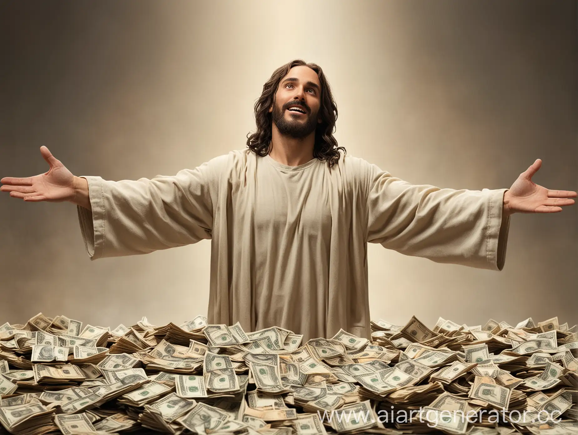 Иисус с раскинутыми в стороны руками держит кучу денег