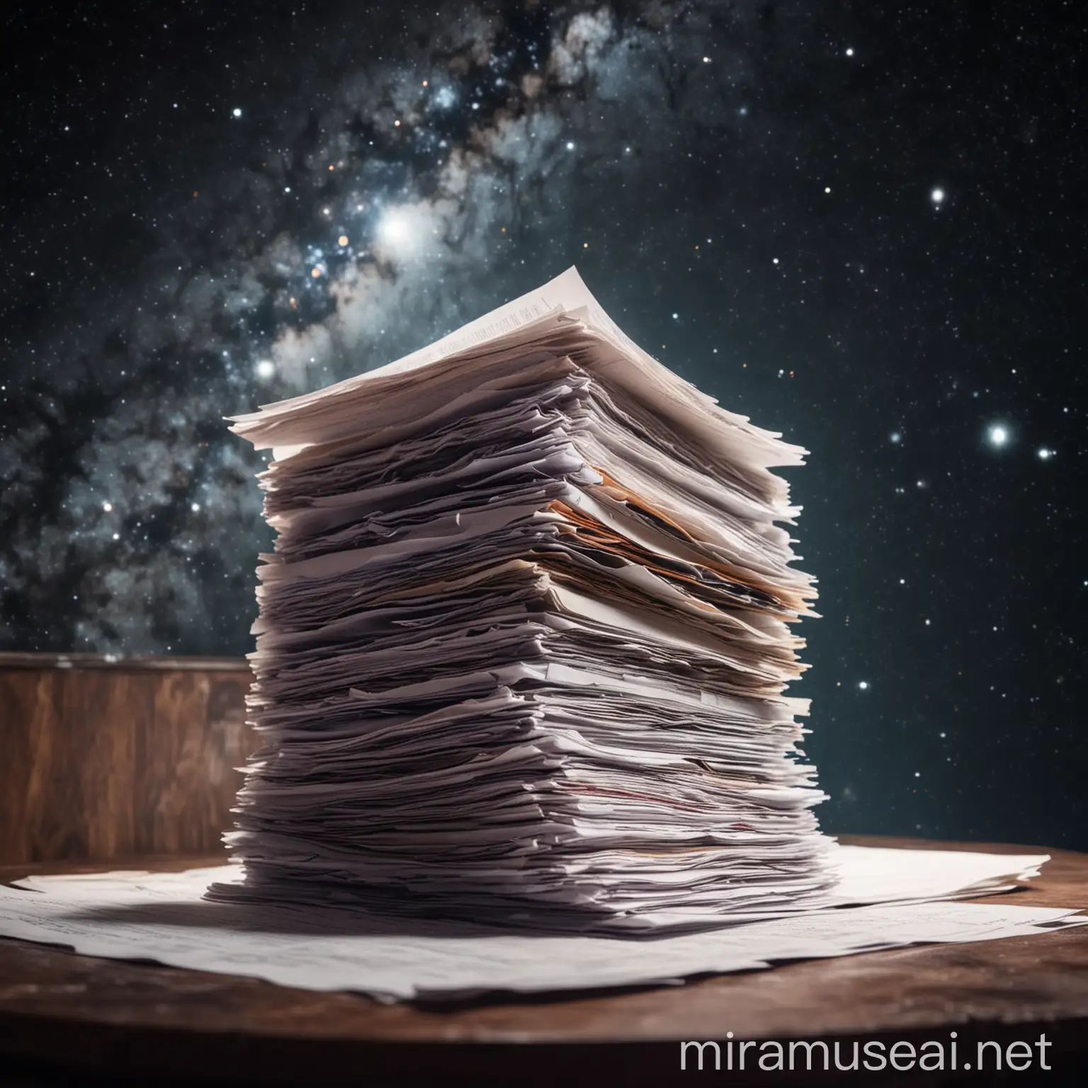 A stack of documents is on the table in space
