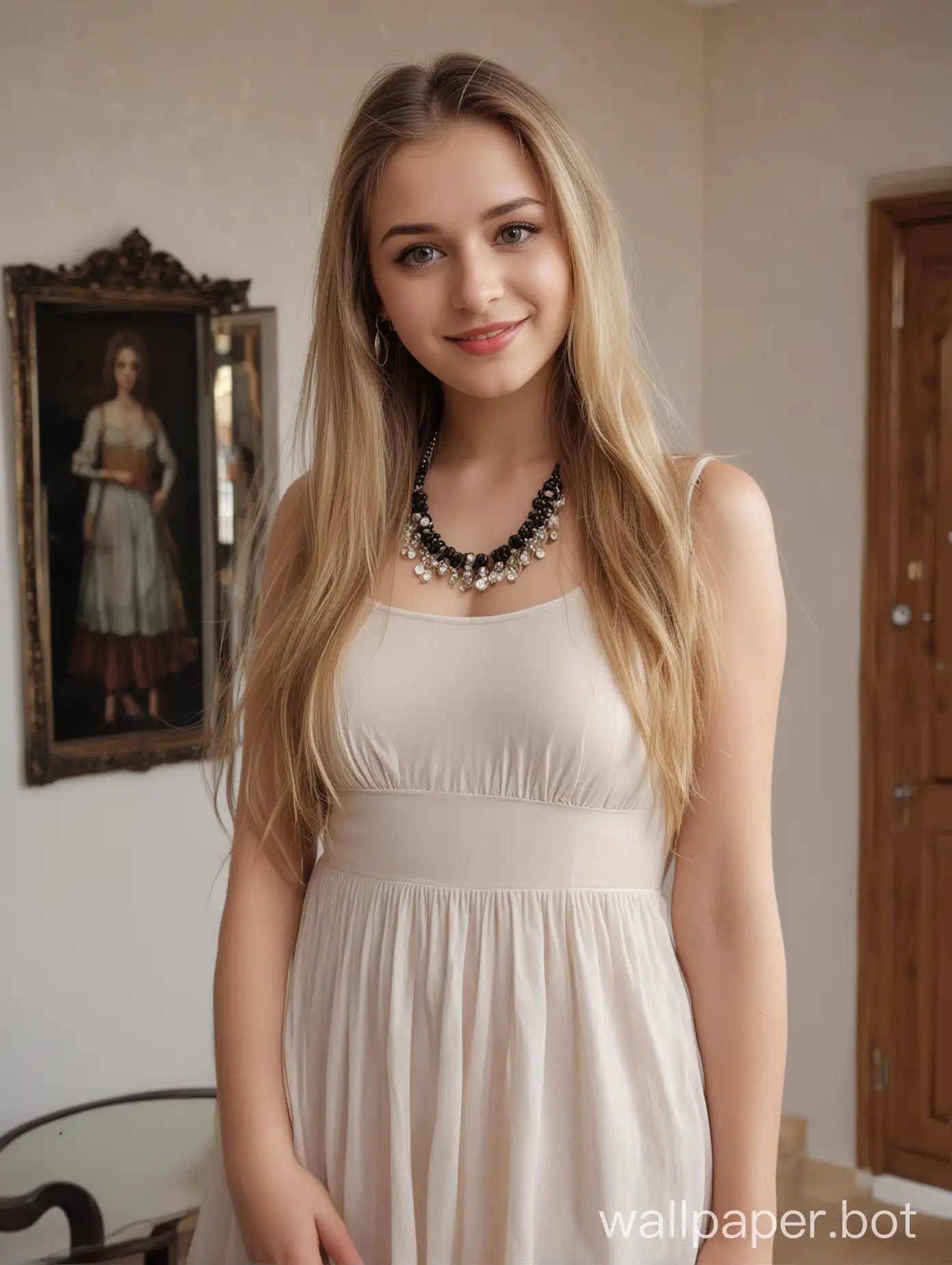 Generate an image of most beautiful Czech Republic Liberec actress 21 year old cute pretty girl big tits , wearing  Sheath Dress Transparent  ,  with a fair white skin tone and long hair black. She has a round face smile . The background is a modern house interior. The camera shot captures her from head to stomach . She is wearing makeup and has a necklace , jhumka ear ring and bracelet on.