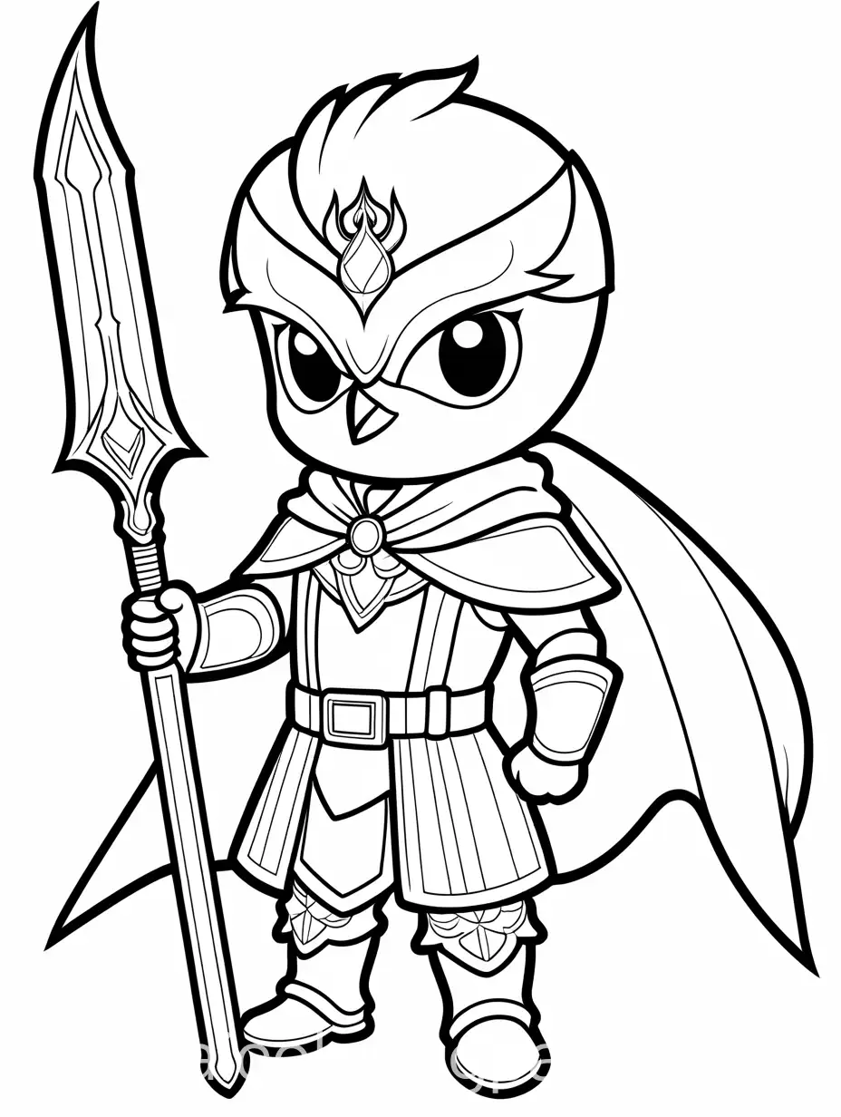 a chibi phoenix bird wearing a cape and a item belt with a crystal sword, Coloring Page, black and white, line art, white background, Simplicity, Ample White Space. The background of the coloring page is plain white to make it easy for young children to color within the lines. The outlines of all the subjects are easy to distinguish, making it simple for kids to color without too much difficulty, Coloring Page, black and white, line art, white background, Simplicity, Ample White Space. The background of the coloring page is plain white to make it easy for young children to color within the lines. The outlines of all the subjects are easy to distinguish, making it simple for kids to color without too much difficulty