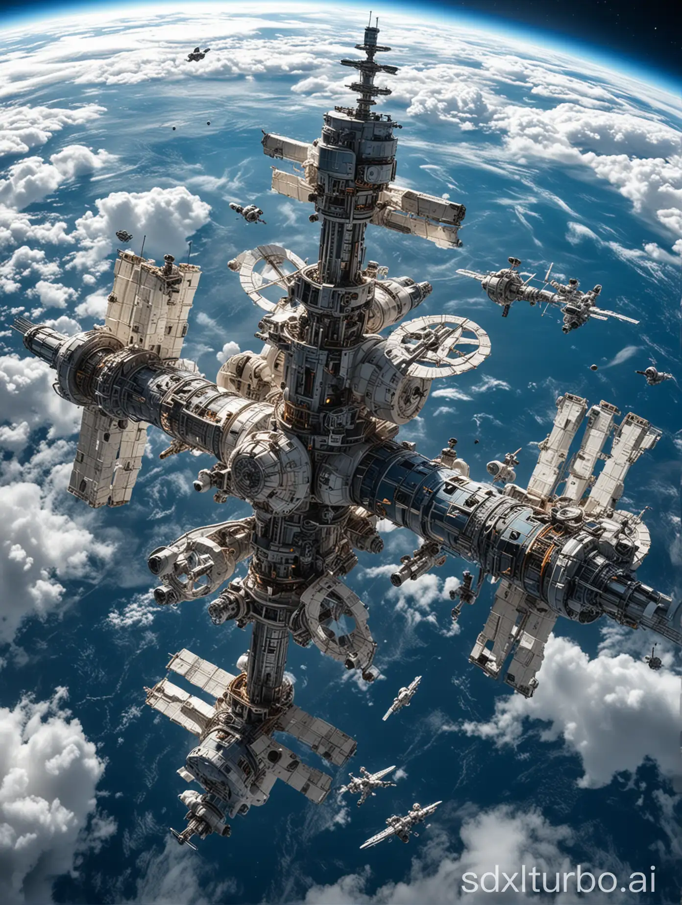 Futuristic-Space-Station-Orbiting-Earth-Advanced-Technology-Amidst-Clouds