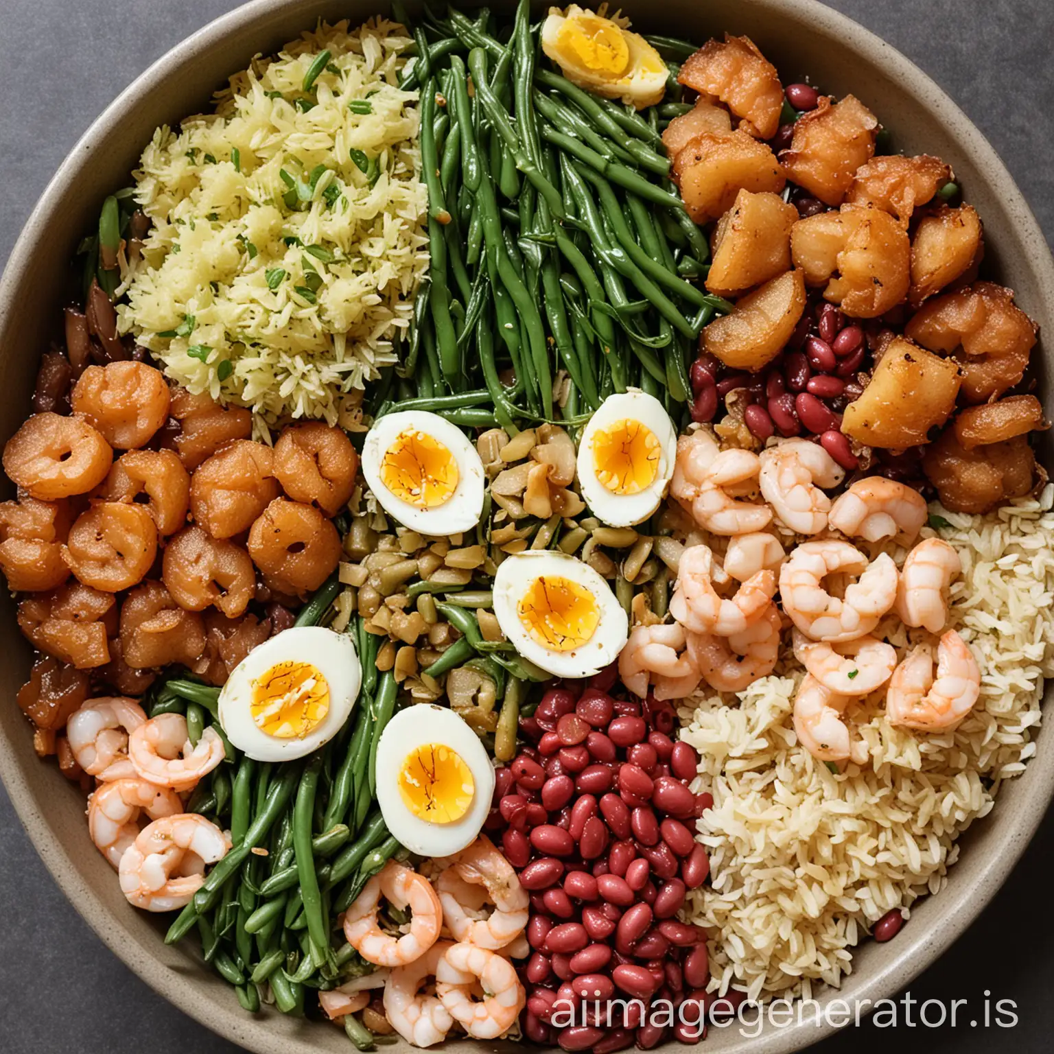 Colorful-Asian-Cuisine-Spread-Red-Bean-Rice-PanFried-Potatoes-Boiled-Shrimp-Boiled-Eggs-StirFry-Green-Beans-Loofah-Holy-Fruit