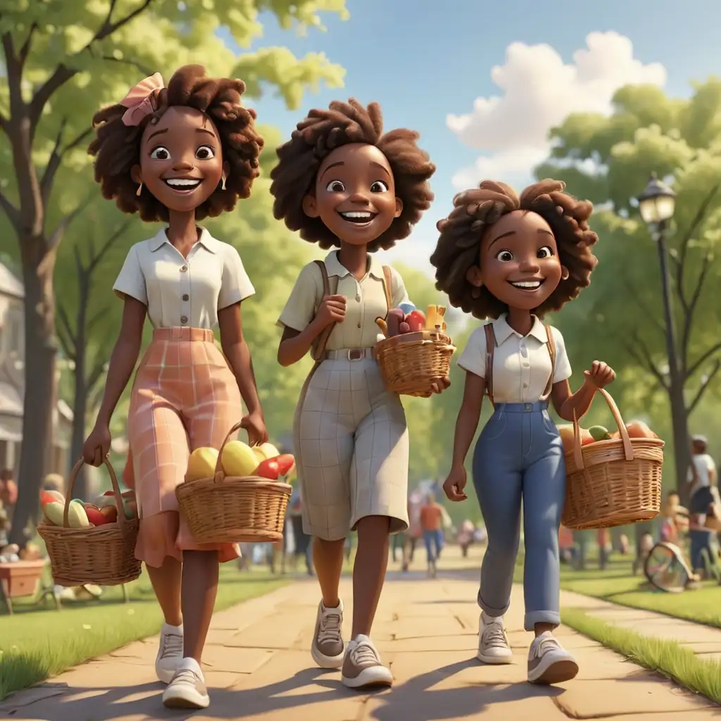 Cheerful African American Family Walking to Park with Picnic Baskets