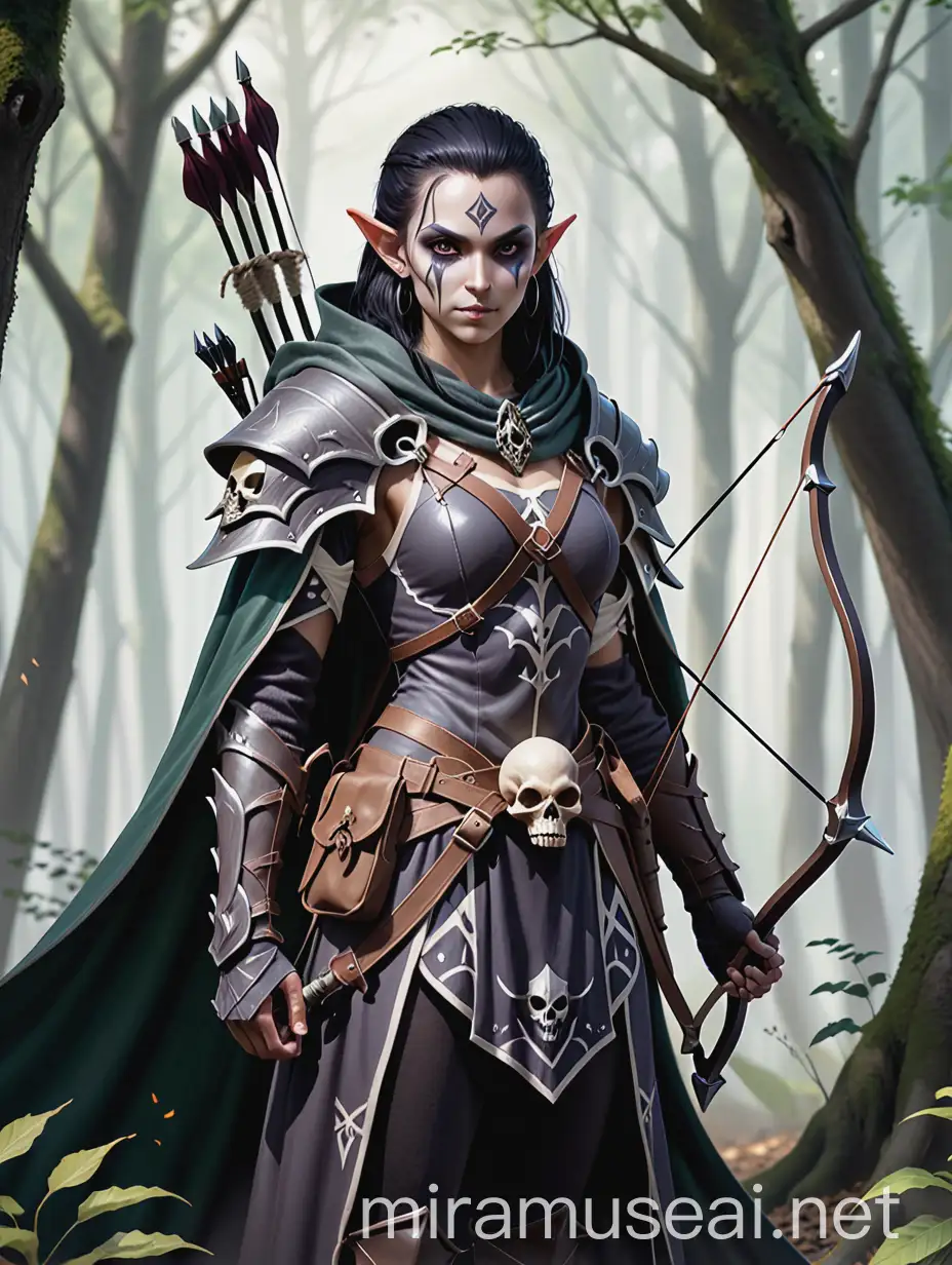 Dark elf ranger with cloak and skull armor, holding a bow, ranger fantasy D&D, grey forest