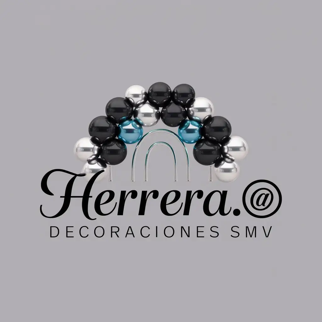 a logo design,with the text "Herrera.@  , Decoraciones SMV", main symbol:un Arco de Globos Plateados, azules, and negros in the back part of the name. 'Herrera' in cursive letters and 'Decoraciones SMV' in printer letters,Moderate,clear background