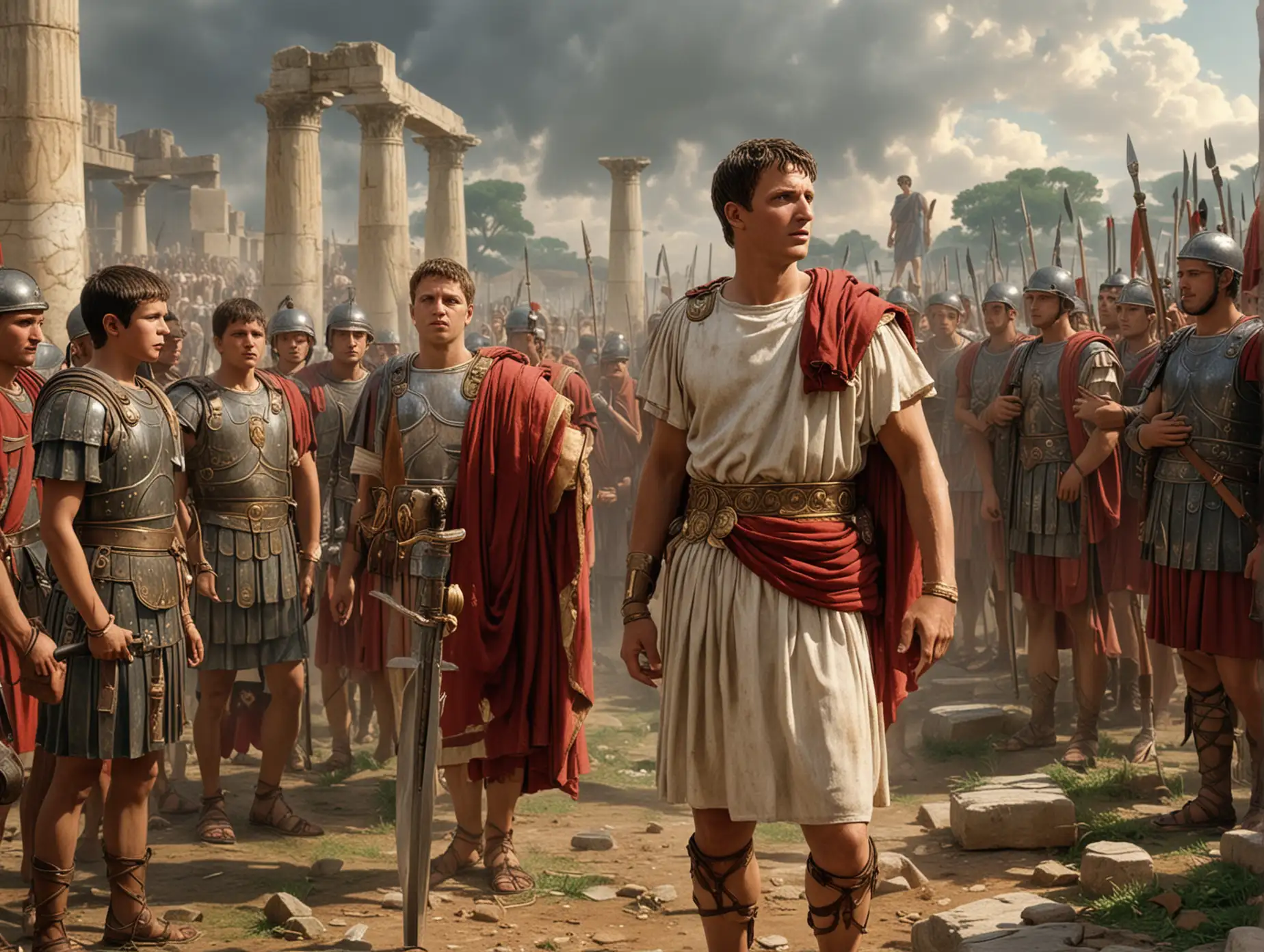 Roman Emperor Augustus (in year 1 A.D.) who is standing in the foreground speaking to Roman Soldiers who are standing in the background