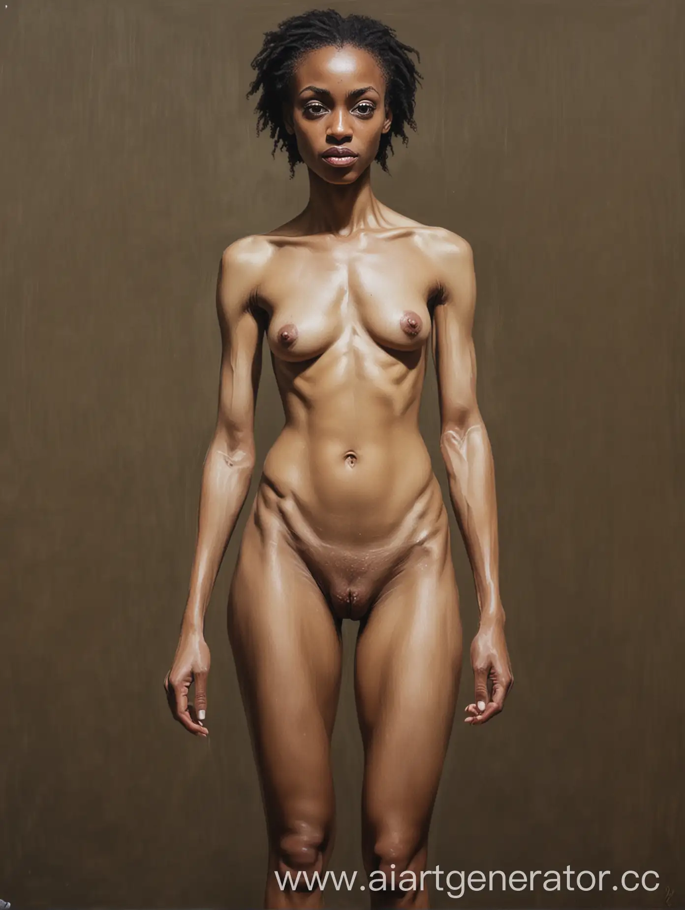 картина акрилом в полный рост, количество персонажей - 2: персонаж #1 - голая анорексичная африканка 29 лет; персонаж #1 - голая анорексичная русская милашка 40 лет