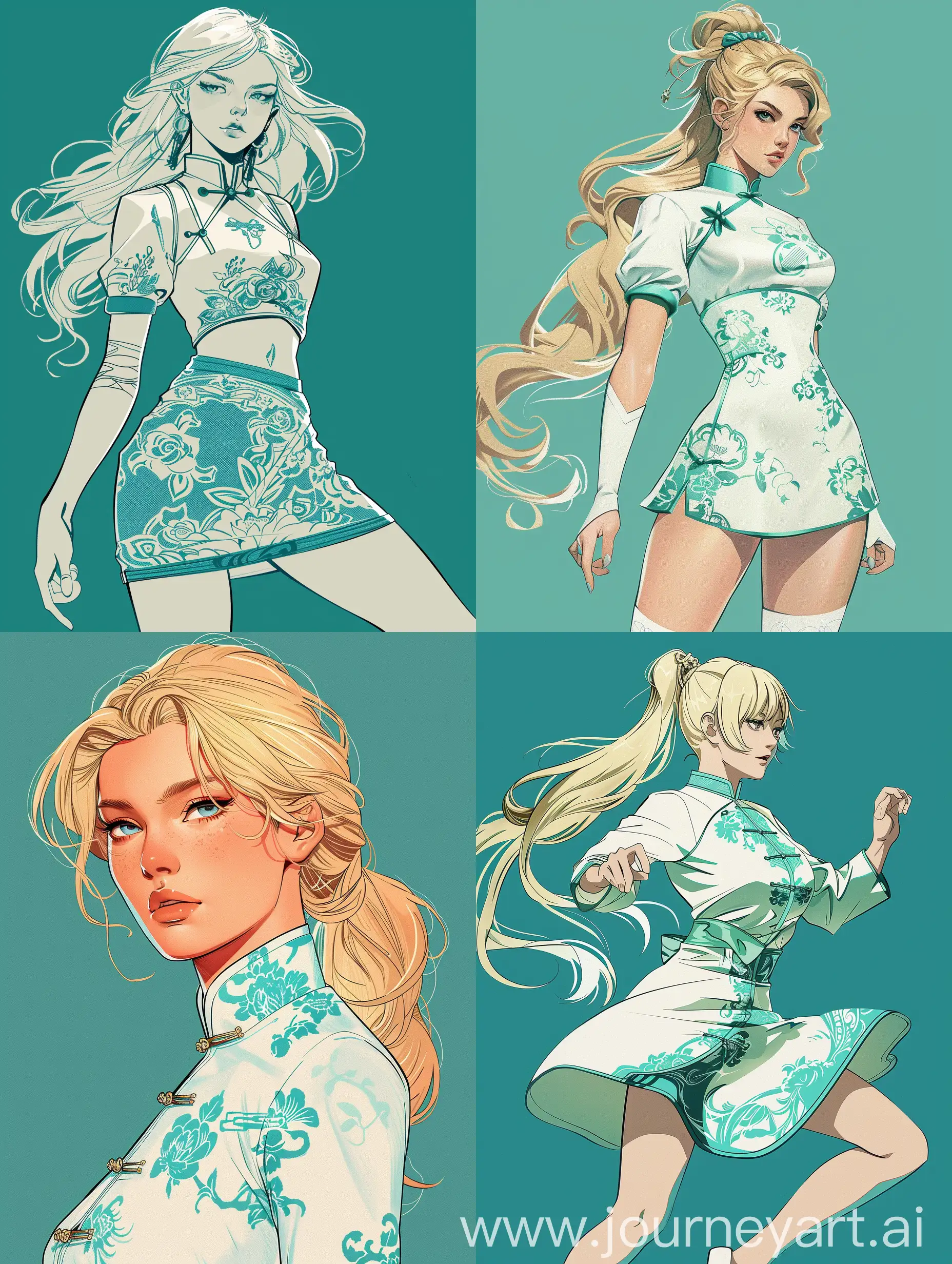 Digital art of a blonde girl , 22 years old, school uniform, on a solid teal background that complements her outfit. She is wearing a white and teal qipao with intricate designs. The image features clean and bold line art with dynamic line weight for depth. Dramatic cel shading and soft shading highlight her heroic pose and dynamic action. Vibrant colors with blending techniques ensure smooth transitions. Volumetric lighting adds depth, with highlights and reflections emphasizing her expressive eyes and glossy hair. Subtle textures add realism, and the composition follows the rule of thirds for balanced framing. The artwork is a full shot, meant for a 4K resolution wallpaper