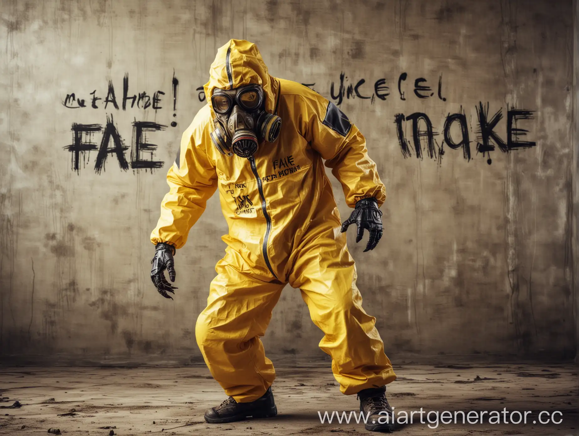 монстр в желтом костюме химической защиты двигается в мою сторону и в середине надпись fake