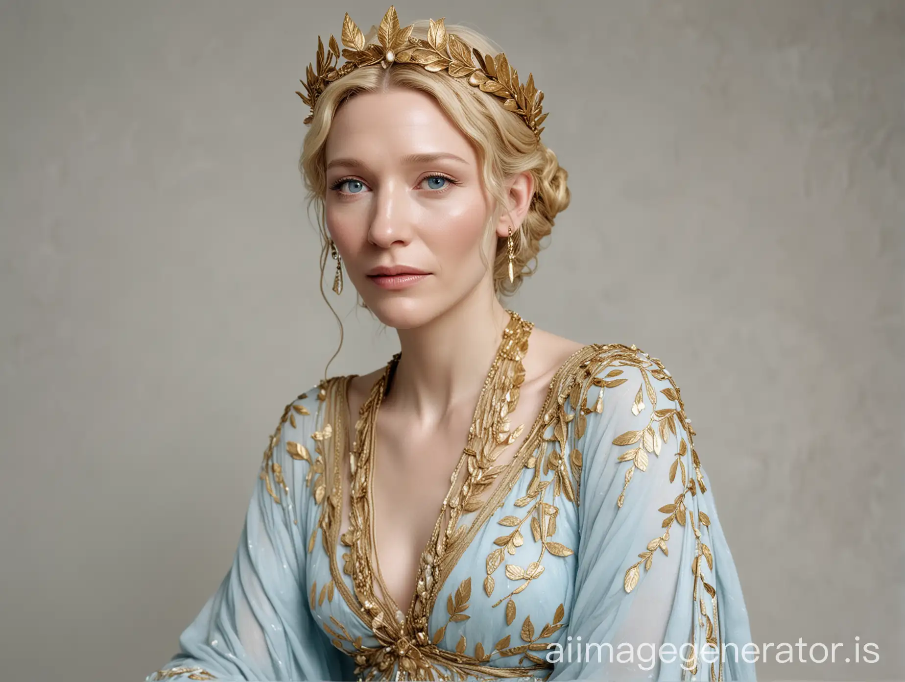 cate blanchett face, sitting on a white marble, intricate ancient greek style translucent gown in pastel blue color, wet oily body , woman with a platinum blonde hair wearing  gold laurel leaves tiara and gold leaves intricate jewelry, ancient greek hairstyle ringlets, plain white background