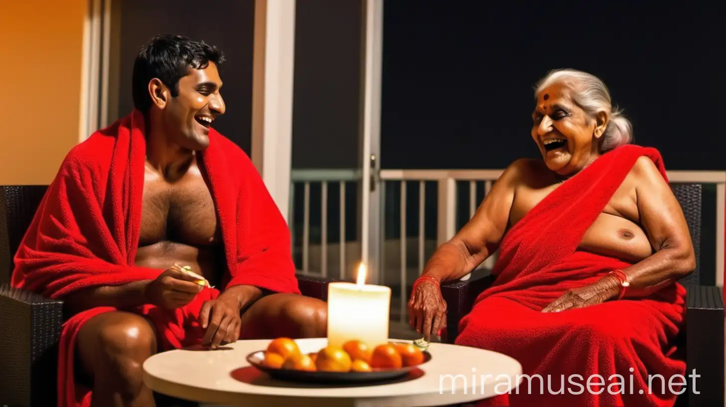 a 23 years indian muscular man is sitting with a 90 years  indian mature fat old woman . both are wearing wet neon red bath towel and sitting on two luxurious chairs. luxurious foods and drinks are served on a table they are sitting face to face and they are happy and laughing. there are doing candel light dinner and a  big dog is near them. they are in a big balcony.