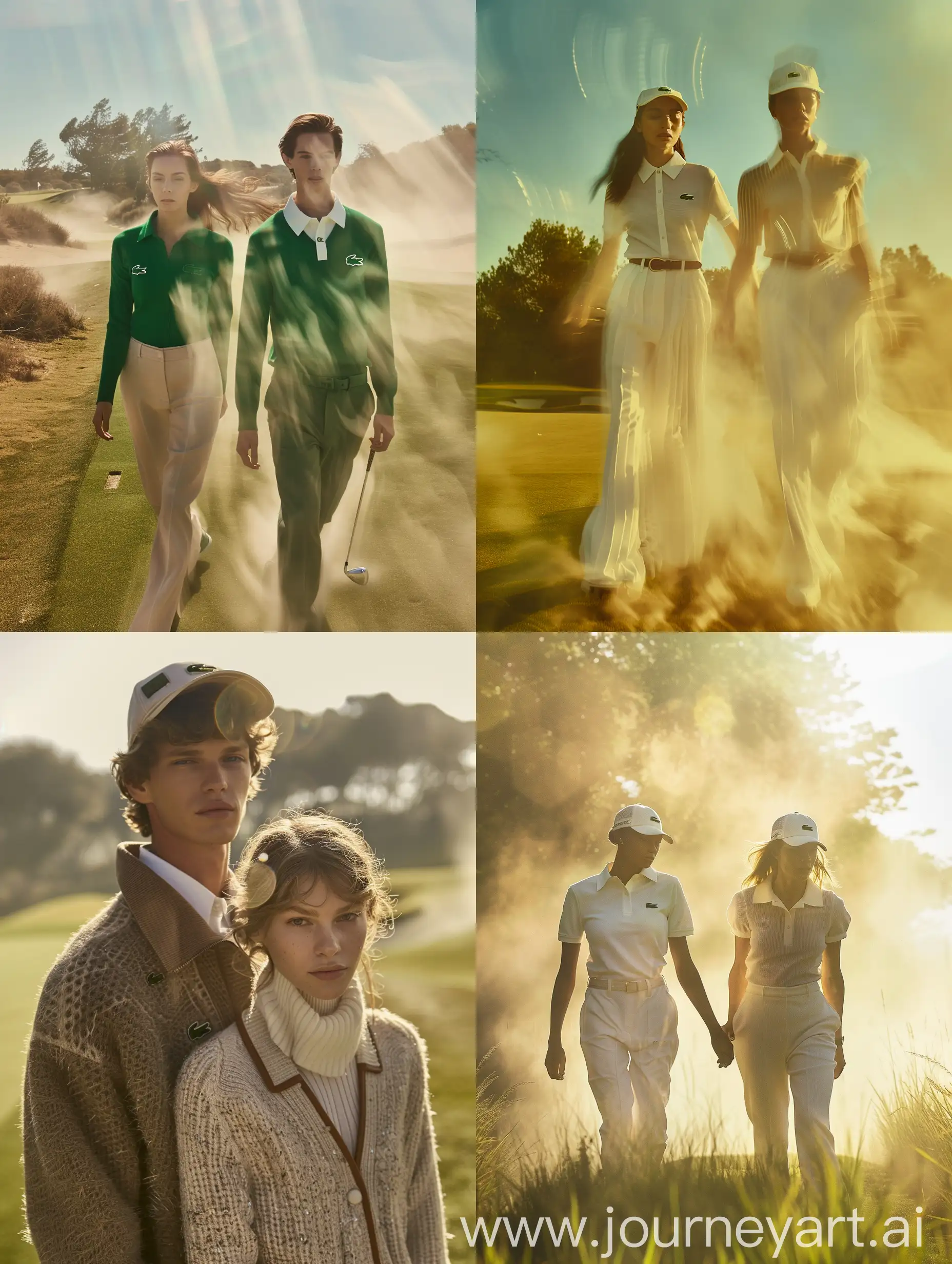 hyper realistic front view of a duo models in Lacoste GOLF Style fashion editorial, cinematic lut, exudes confidence, blending Lacoste fashion with the unique atmosphere golf aesthetic, cinematic, very texture intricated details, camera haze, camera blur. high movement, path blur