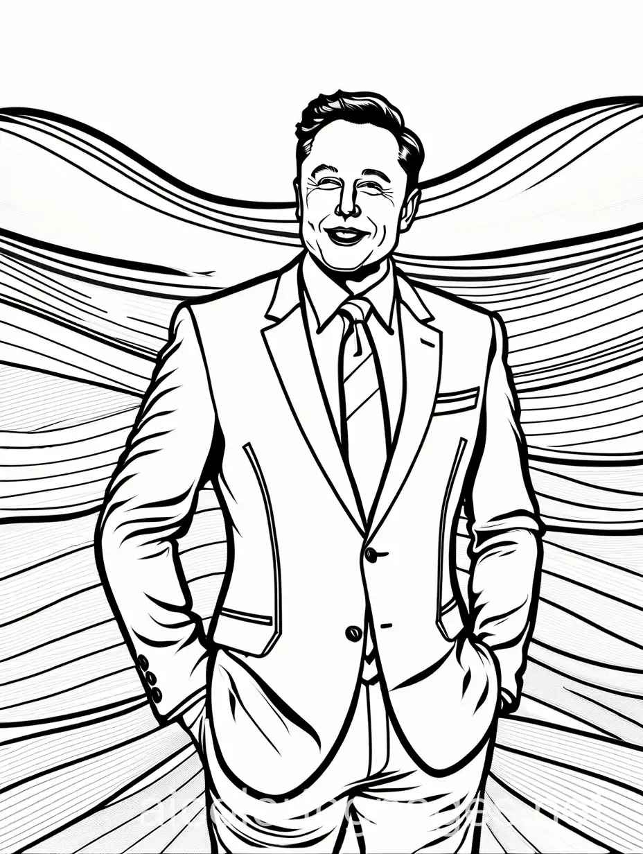 Elon Musk at a Conference, Coloring Page, black and white, line art, white background, Simplicity, Ample White Space. The background of the coloring page is plain white to make it easy for young children to color within the lines. The outlines of all the subjects are easy to distinguish, making it simple for kids to color without too much difficulty