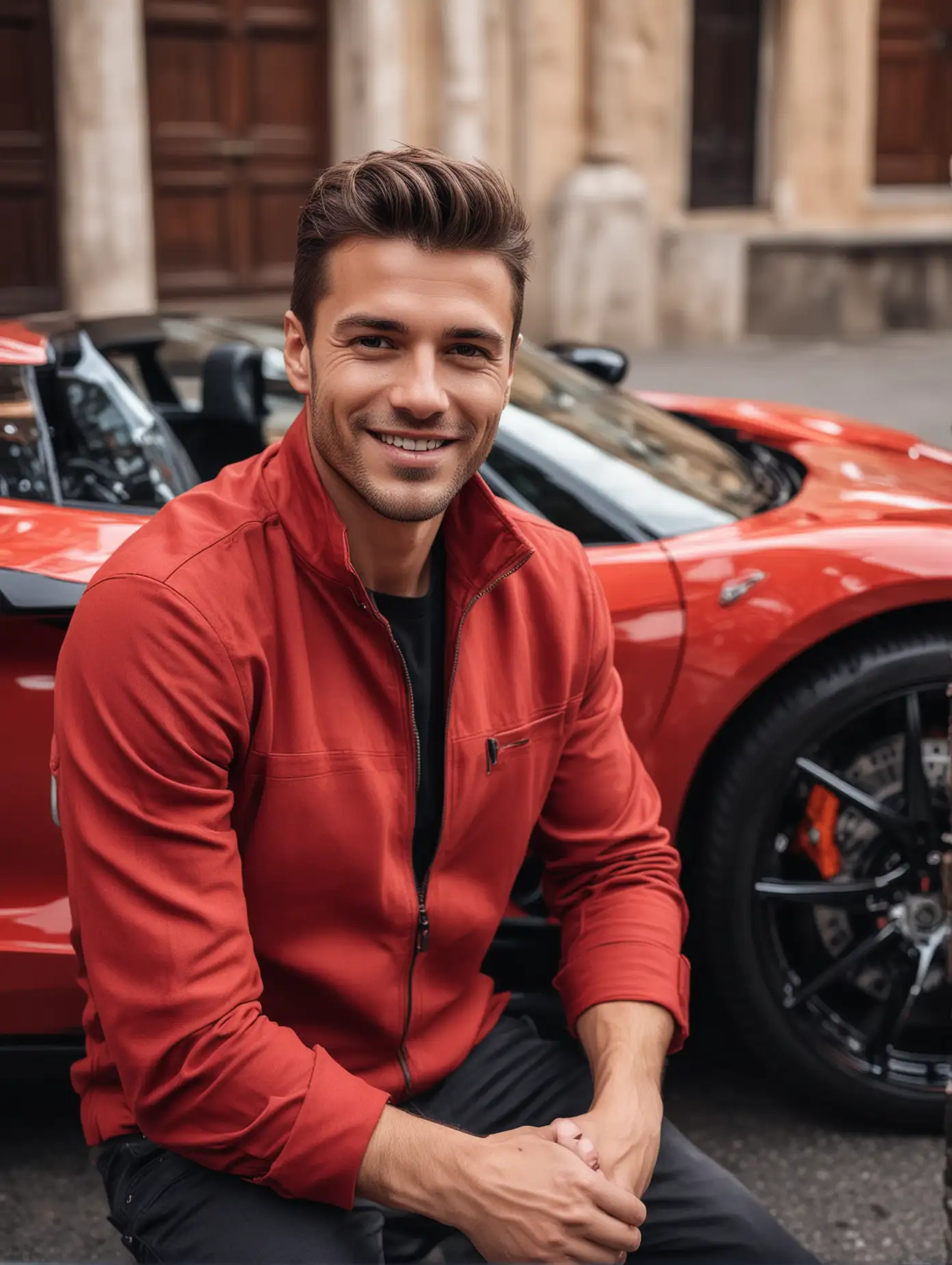 Handsome male leaning on a red supercar, facing the camera, smiling, exquisite facial features