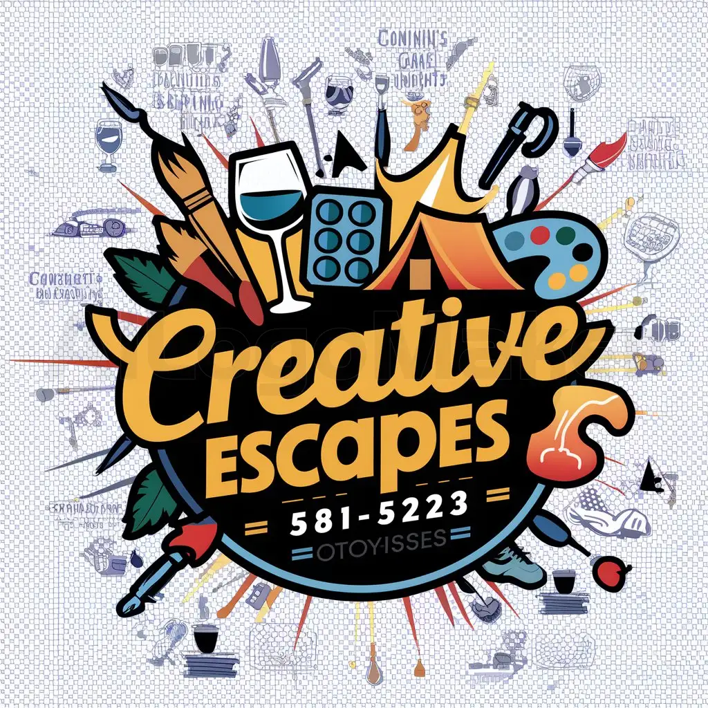LOGO-Design-For-Creative-Escapes-Vibrant-Palette-with-Paintbrush-Wine-Glass-and-Games-Night-Theme