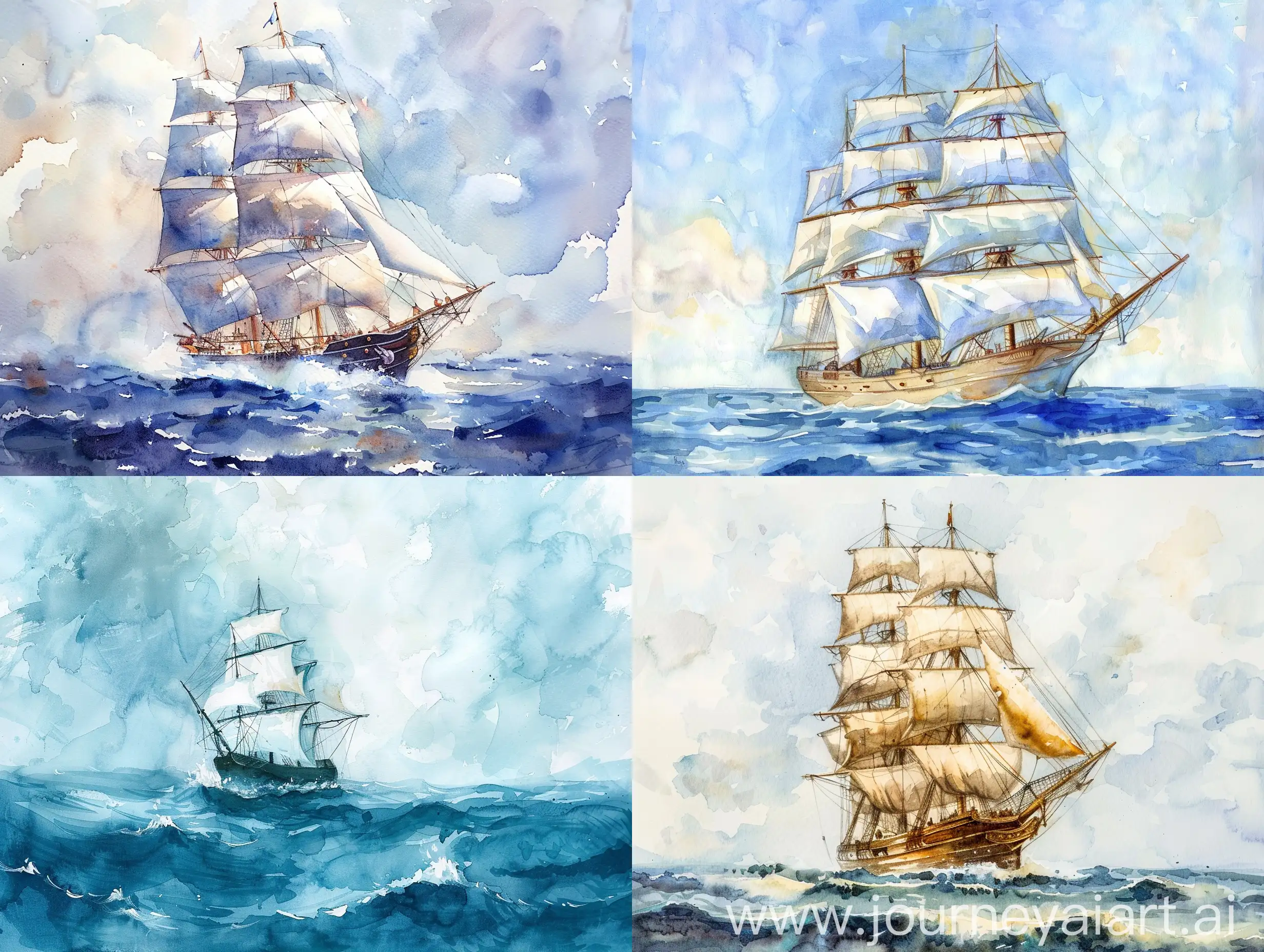 Serene-Watercolor-Painting-of-a-Sailor-Ship-Sailing-Across-the-Ocean