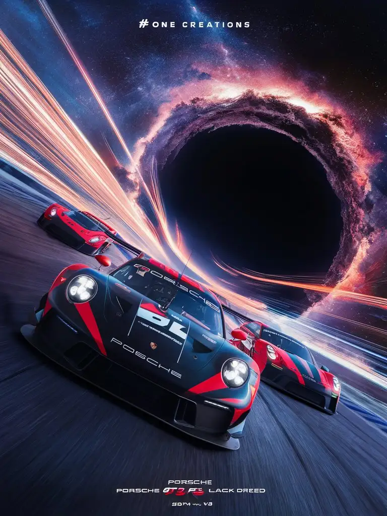 bold write '#one creations' Picture this—futuristic race Porsche 922 GT3 R5 Black Red color color uhd slipstreaming through the boundless expanse of a distant galaxy, their vibrant hues painting streaks of light against the cosmic canvas. Suddenly, a colossal black hole emerges, a vortex of mystery and danger, threatening to swallow everything in its path. As the race cars hurtle towards the abyss, drivers maneuver with electrifying agility, defying gravity in a high-stakes battle for survival. This epic showdown between man and nature unfolds in a breathtaking display of courage and skill, captured in stunning 8K resolution, ready to ignite your imagination and leave you on the edge of your seat.Add_Details_XL-fp16 algorithm, 3D octane rendering style (3DMM_V12) with the mdjrny-v4 style, infused with global illumination,