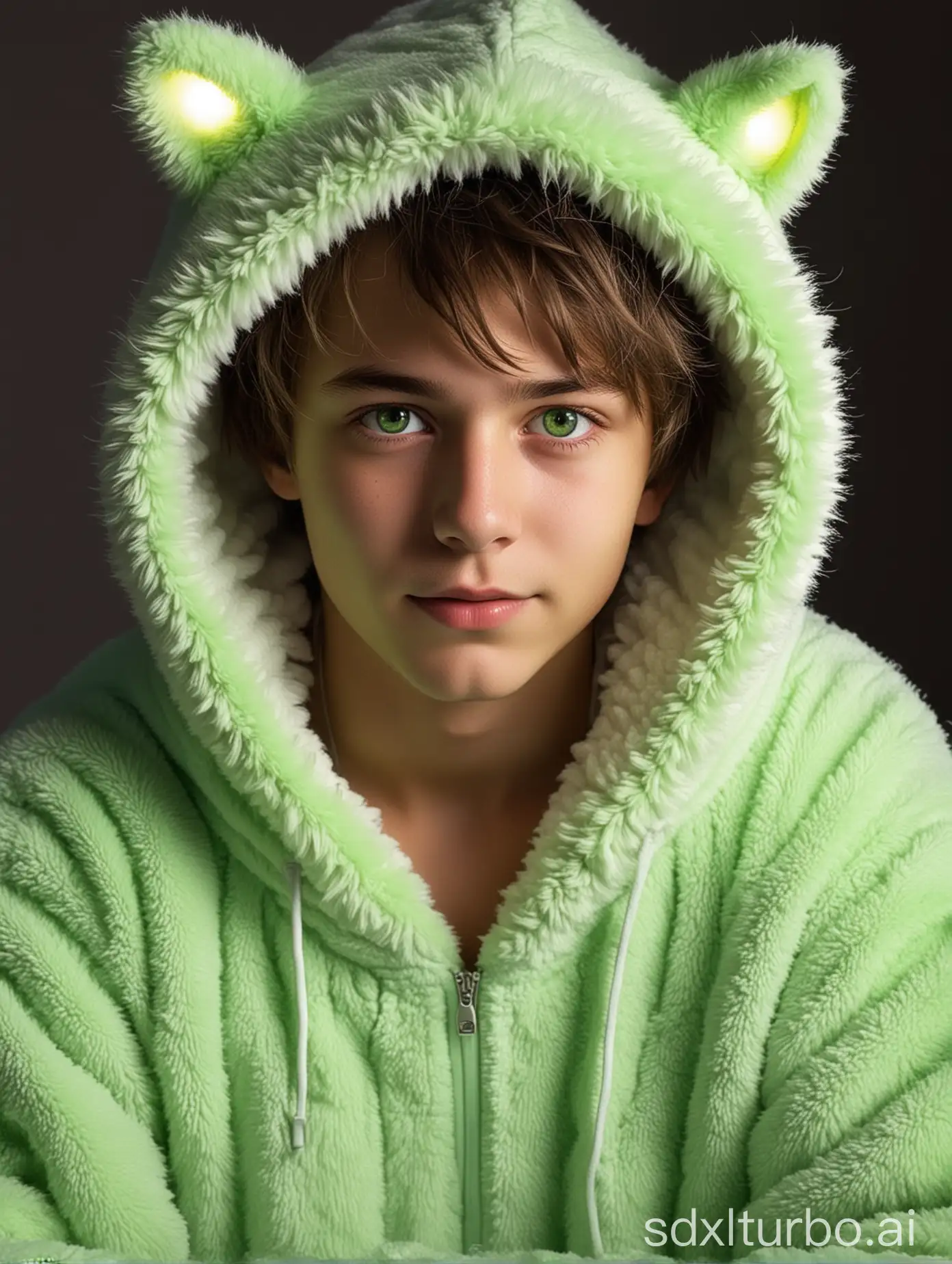 Adorable-Teenager-Boy-in-Green-Glow-Fur-Trim-Onesie