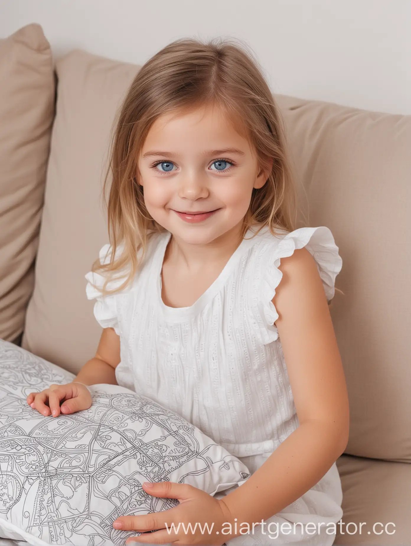 сгенерируй девочку русскую голубые глаза 4 года с улыбкой  сидящую на диване с подушкой раскраской по контуру в руках  