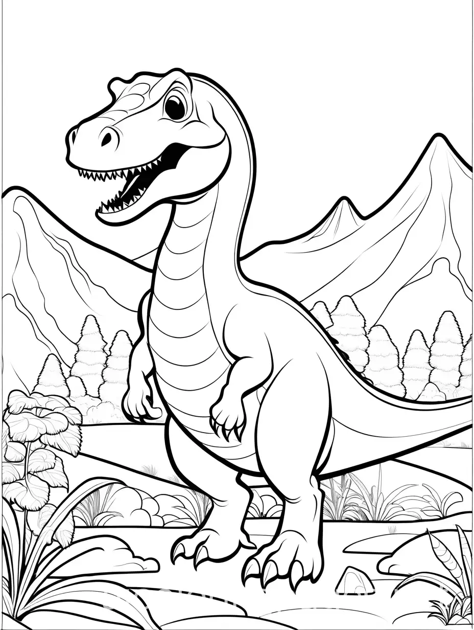 dinosaur on the ground, Coloring Page, black and white, line art, white background, Simplicity, Ample White Space. The background of the coloring page is plain white to make it easy for young children to color within the lines. The outlines of all the subjects are easy to distinguish, making it simple for kids to color without too much difficulty