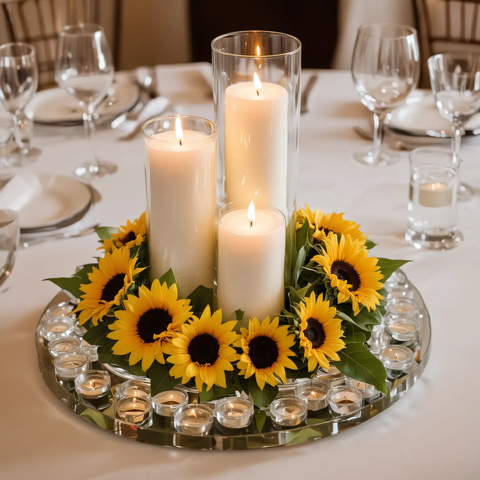 elegant wedding centerpiece with floating candle discs and sunflowers