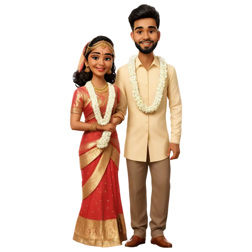 Traditional South Indian wedding bride and groom caricature in PNG format

