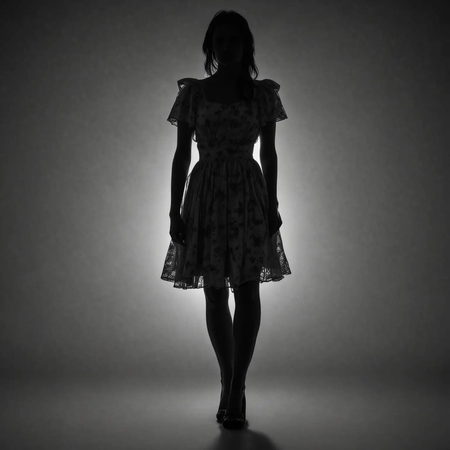 a short female silhouette，the female is in a dress, standing upright, facing me