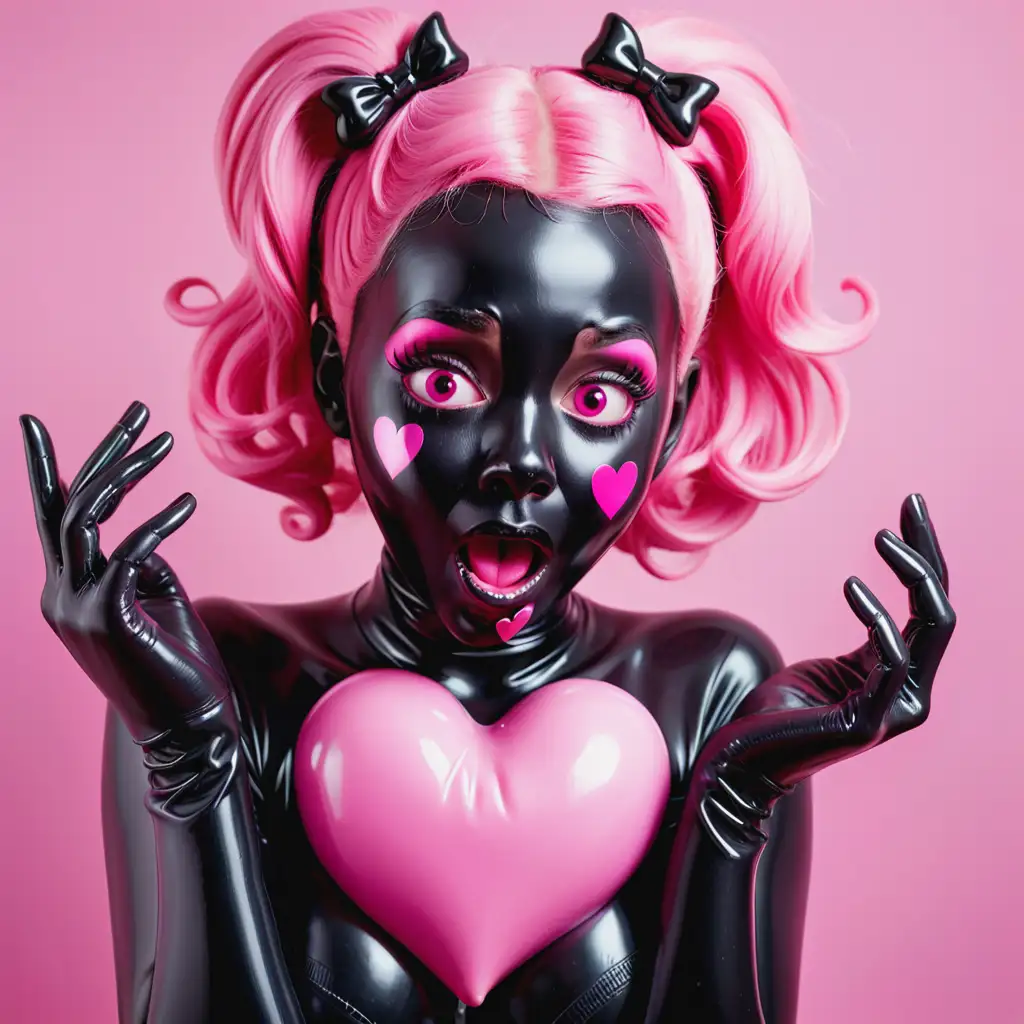 Латексная девушка с черной латексной кожей с розовыми резиновыми волосами с черным латексным лицом с розовыми сердечками на щеках с удивленным выражением лица держится руками за лицо