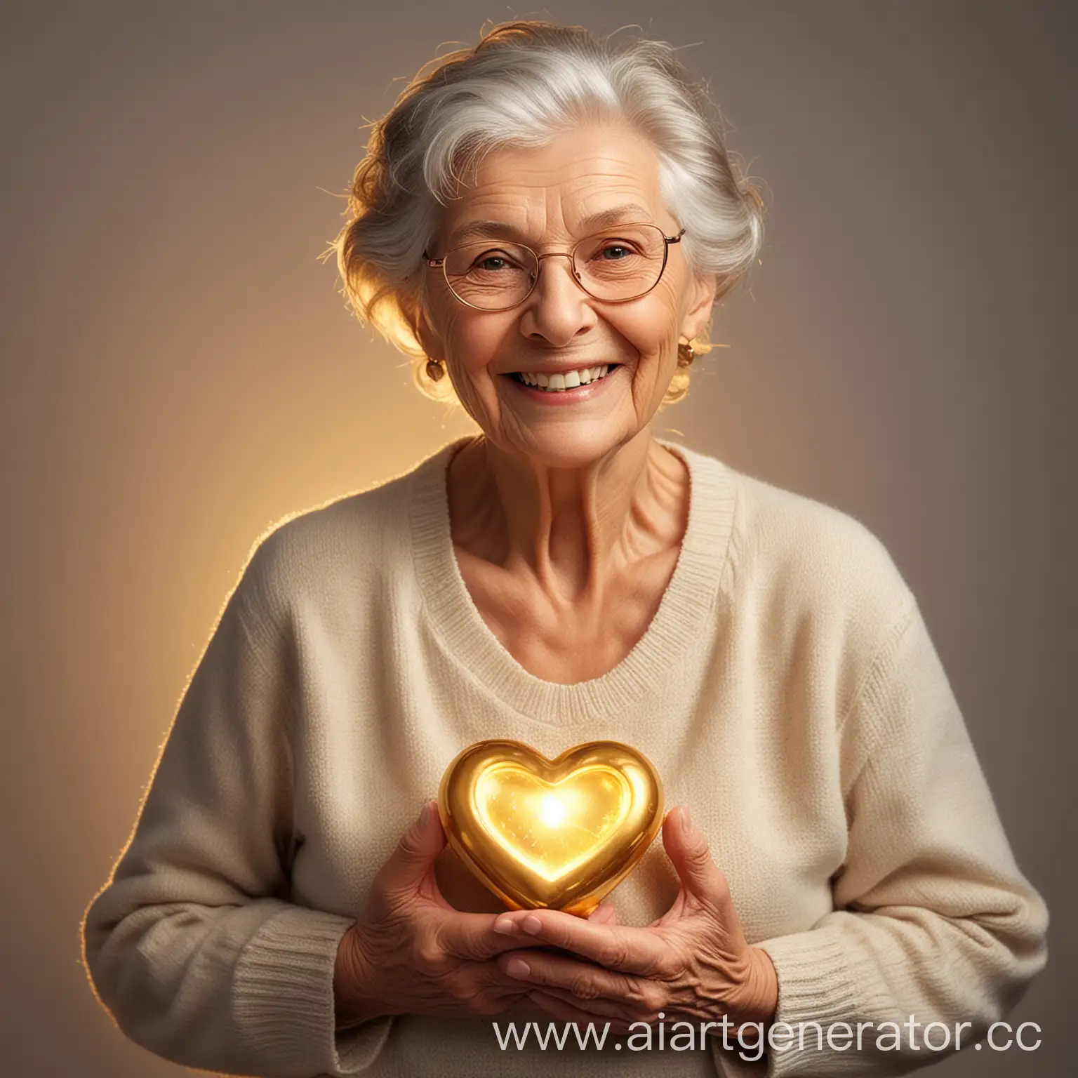улыбающаяся бабушка с золотым светящемся сердцем в груди