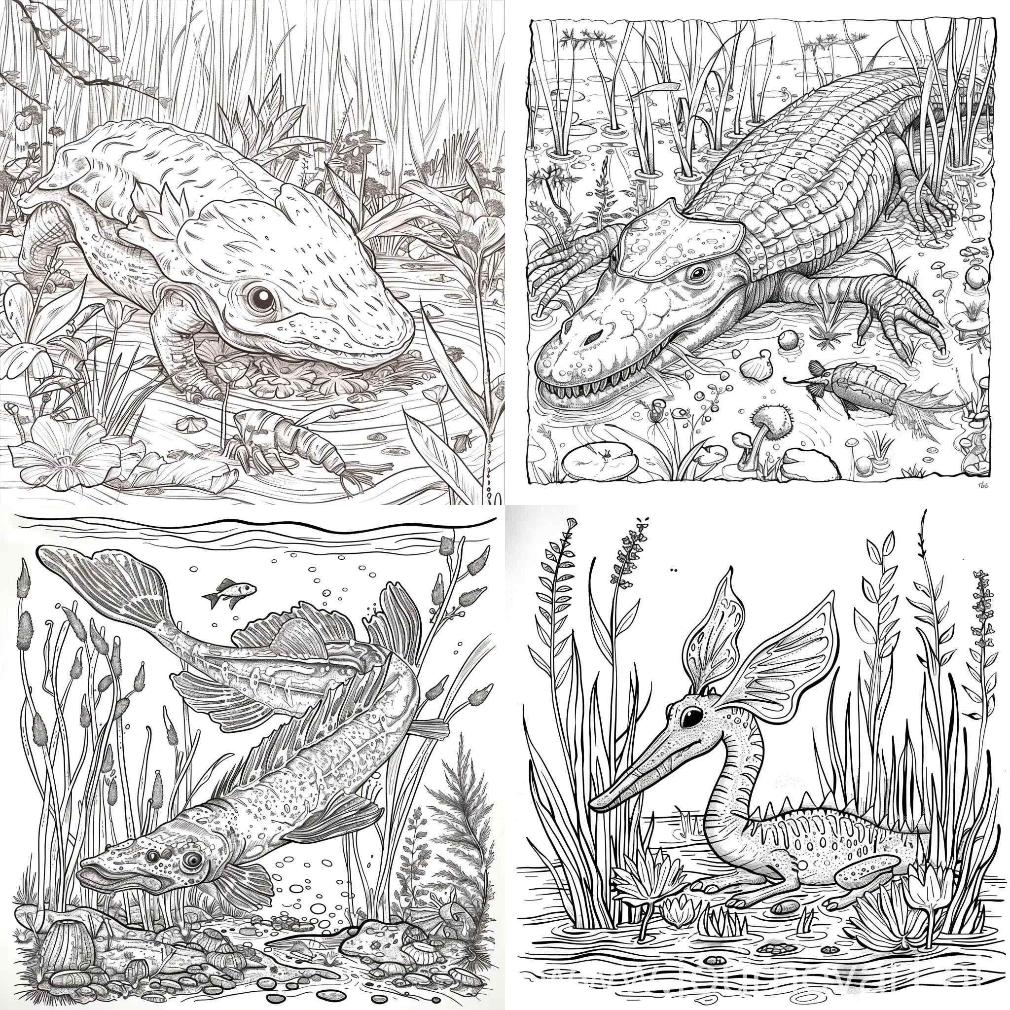 Cartoon-Diplocaulus-Coloring-Page-in-Shallow-Aquatic-Habitat
