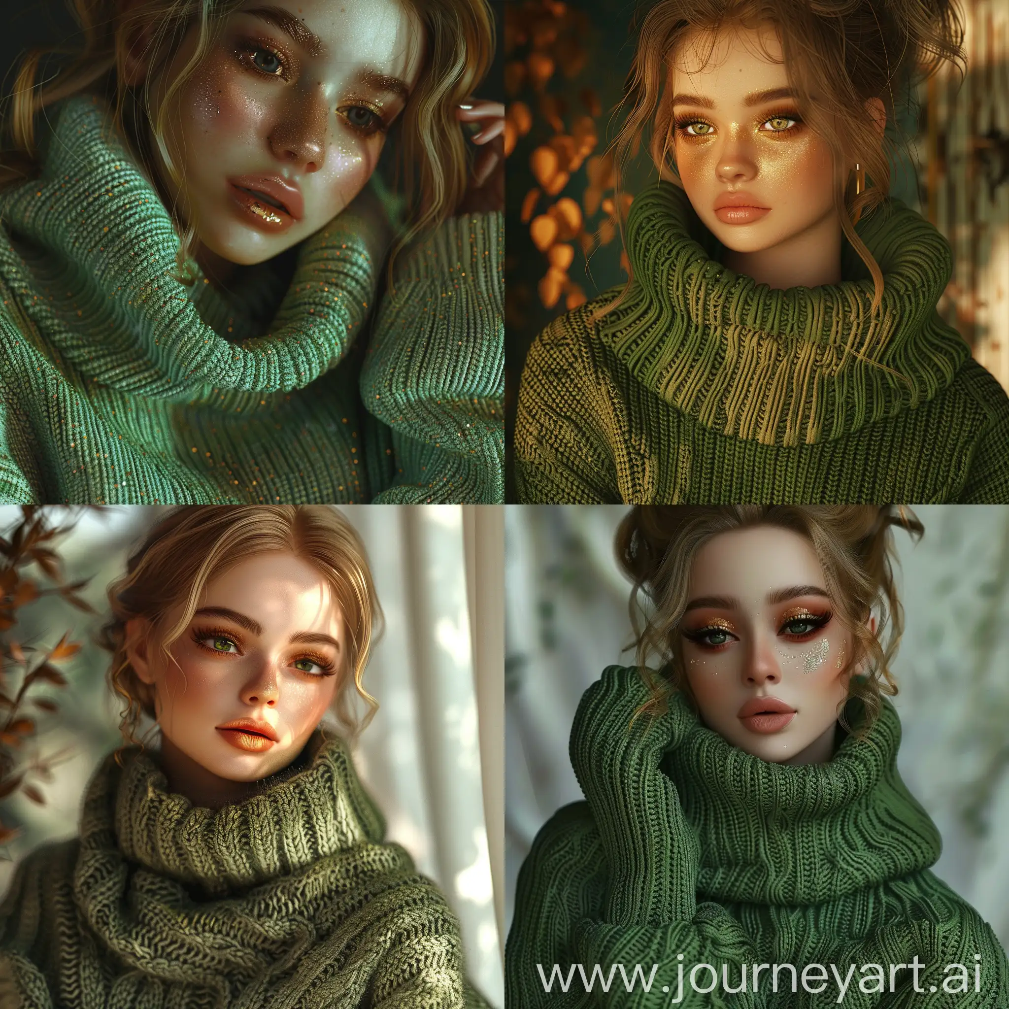 A beautiful girl wearing a large green sweater with a beautiful face, exquisite makeup, golden hair, rich details, soft colors, 3D