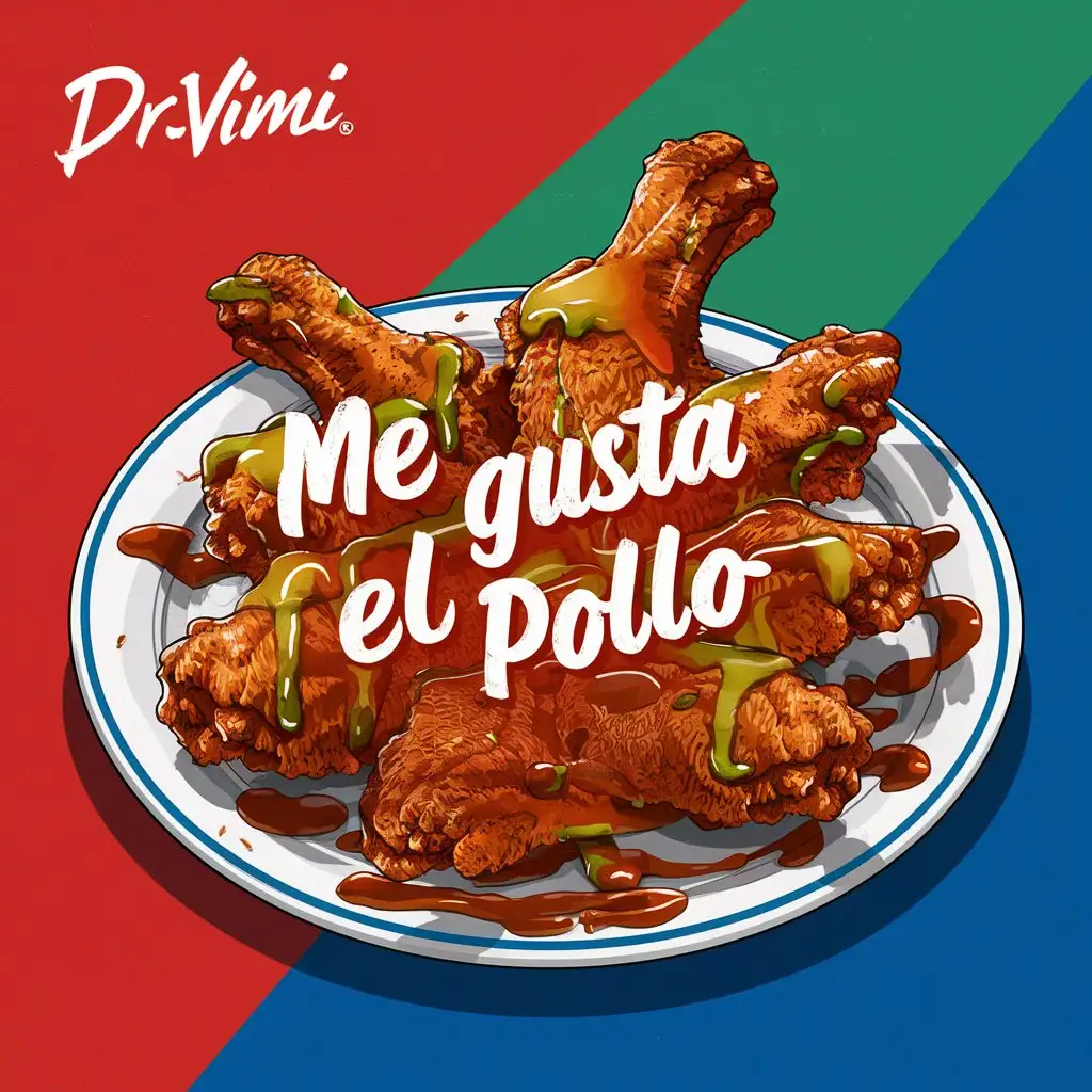 ведро с жаренными куринными крылышками м надписью "me gusta el pollo" в 2d, в цветовой гамме RGB, с надписью "DRVIMI" в левом верхнем углу изображенияю 